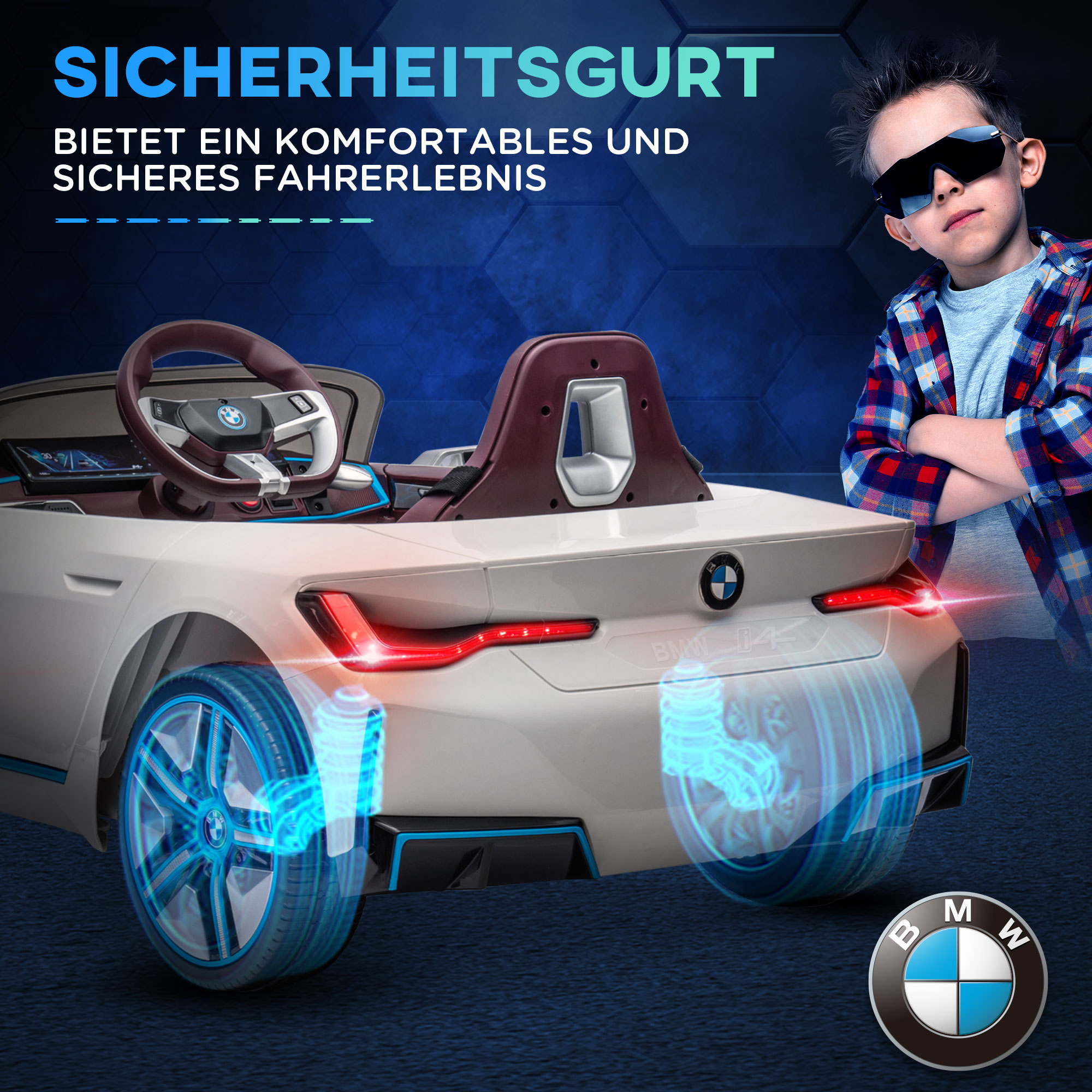 Kinderauto, oplaadbare accu, 3-5 km/u, met afstandsbediening, multimediaspeler, wit