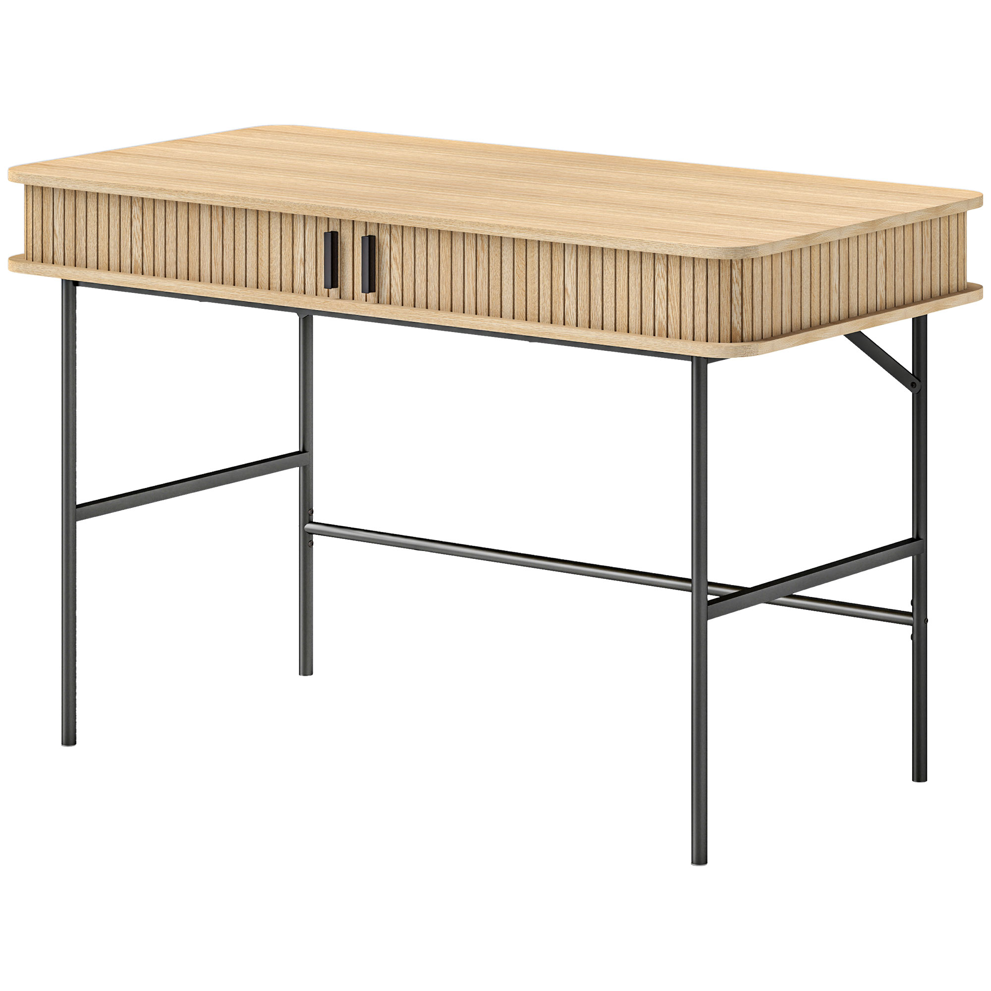 Bureau, Retrostijl, Lamellendecor, Opbergvakken, Stalen Poten, 120 x 60 x 76,5 cm, Eik/Zwart