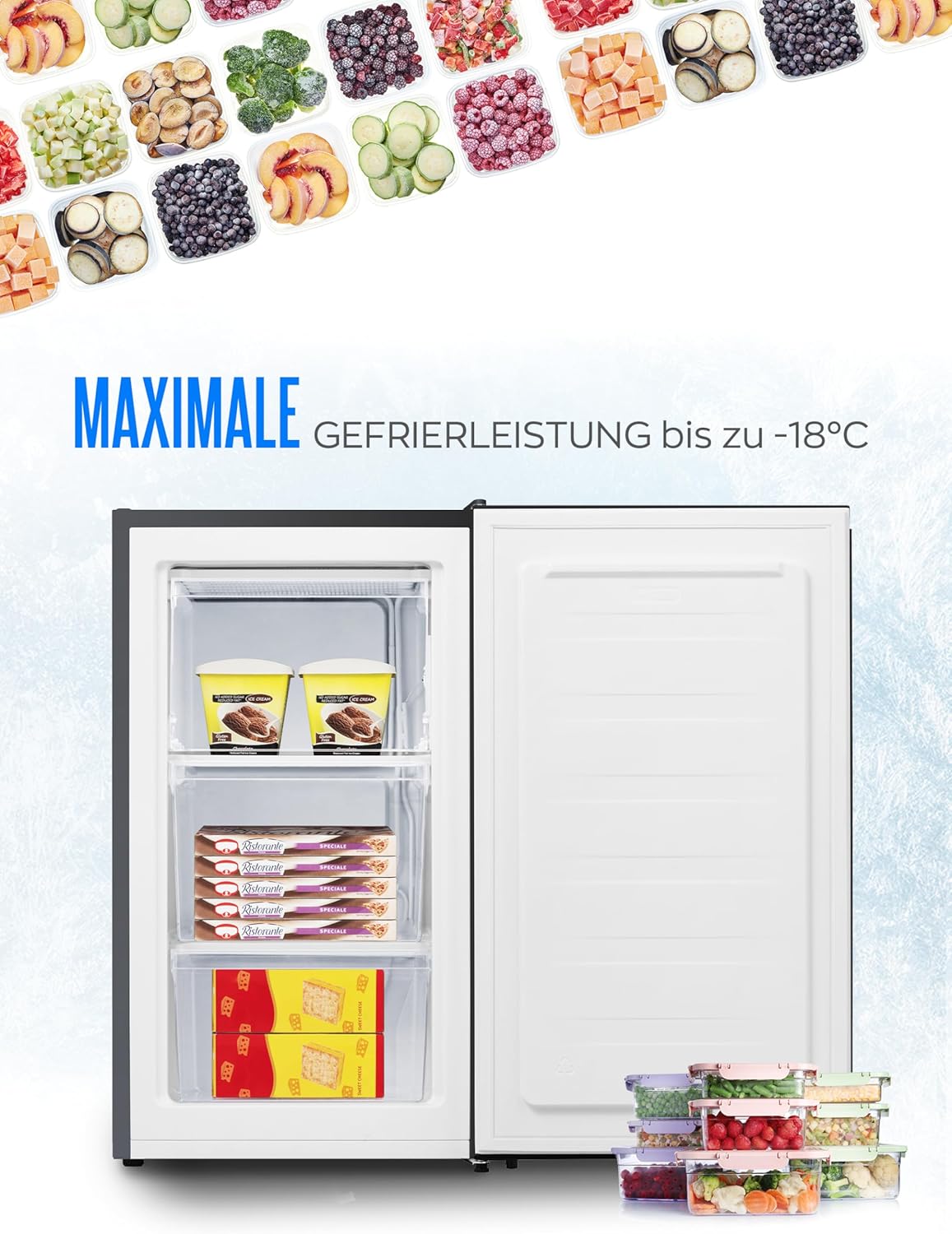 Heinrich´s Gefrierschrank 61Liter -18°C Freezer, 3x Gefrierschublade, 7 Stufen Temperaturregler, Airflow, wechselbarer Türanschlag weiß