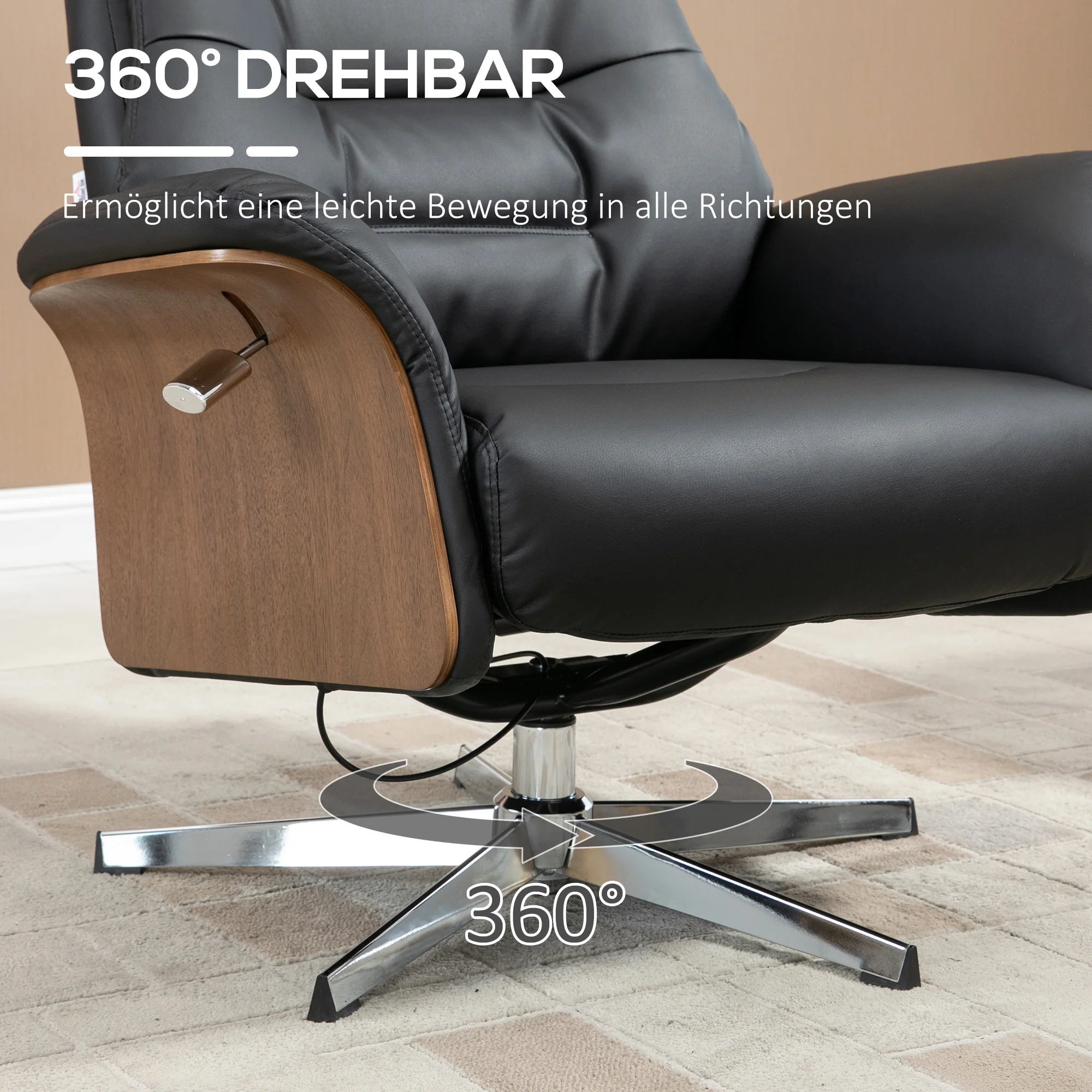 HOMCOM Fauteuil met voetenbank, 360° draaibaar, ligfunctie, leesstoel, zwart, 80 x 84 x 108 cm