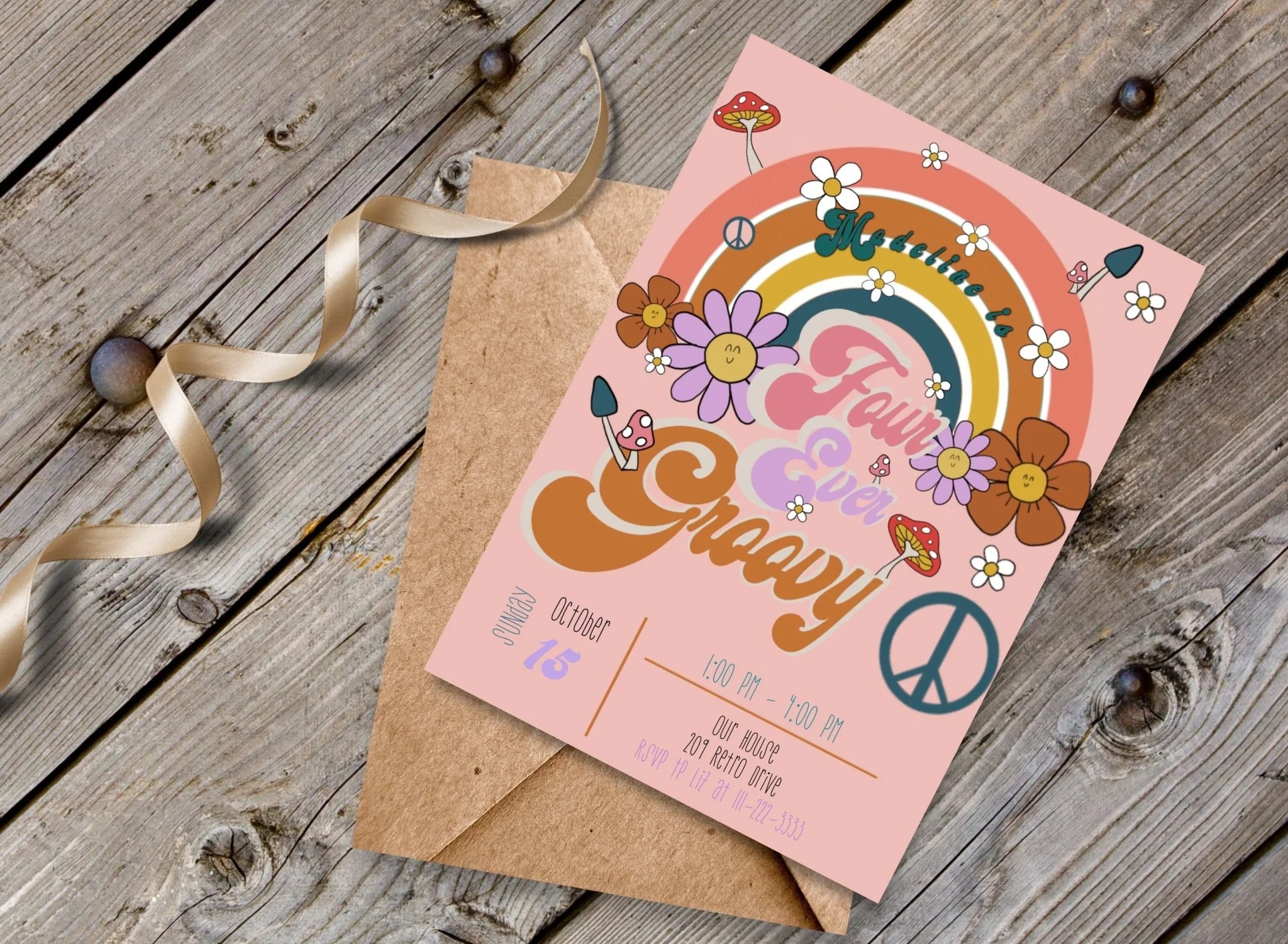 Four Ever Groovy birthday invitation template | Four ever groovy Birthday Digital Invitation Template | Retro Theme
