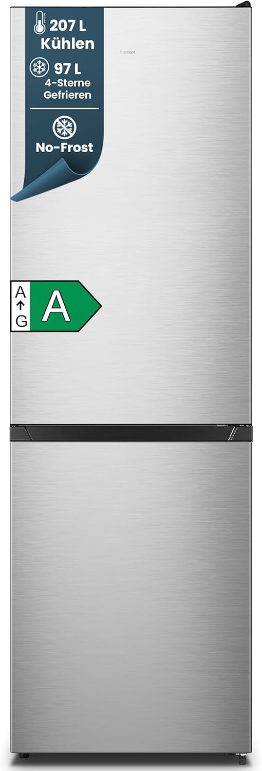 homeX Kühlschrank mit Gefrierfach No Frost, Kühl-Gefrier-Kombination freistehend, groß - 304 Liter, Fresh Box, Super-Frost, leise 35 dB, EEK A, Kühl Gefrierkombination, silber, CFSN3041A-S