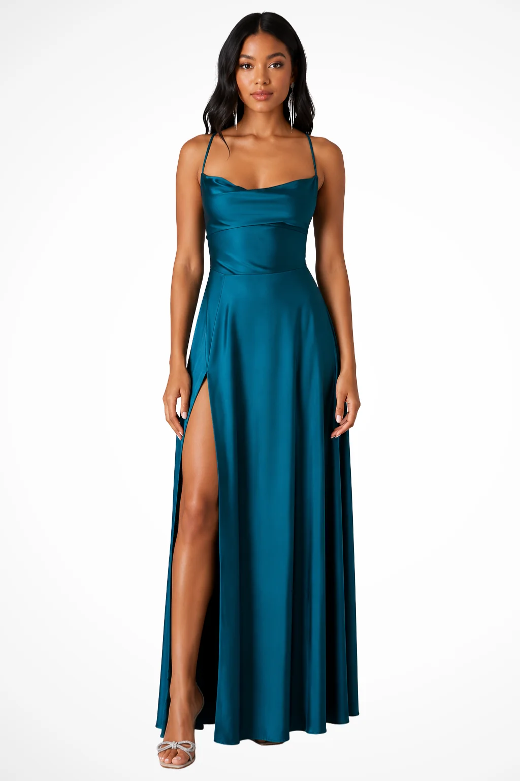 Damen Satin Maxikleid mit Wasserfall-Ausschnitt & Seitenschlitz - Elegantes Abendkleid f��r Hochzeitsg?ste & festliche Anl?sse