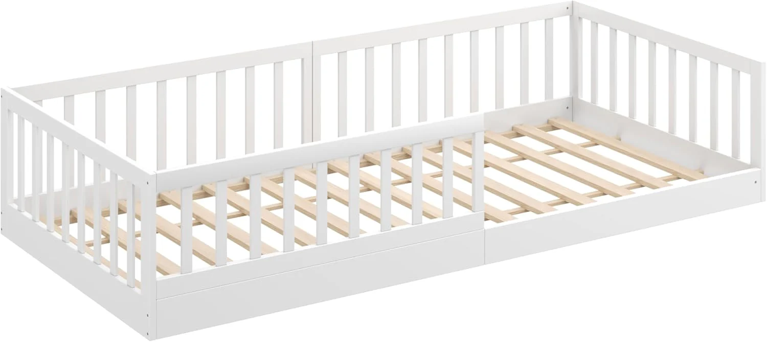 CADANI Timi 2-in-1 Vloerbed 140x200 cm Montessori Kinderbed met uitneembare valbeveiliging incl. lattenbodem, massief grenenhout, wit - 3 opbouwmogelijkheden, belastbaar tot 200 kg, ombouwbaar