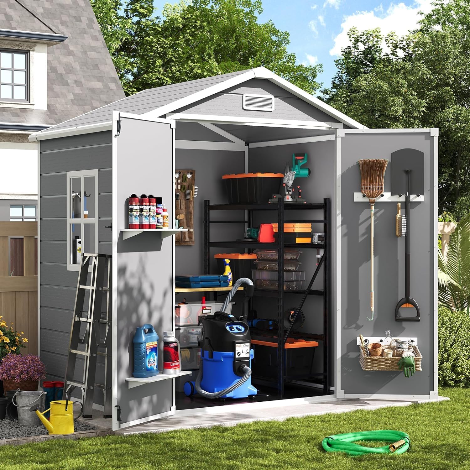 UDPATIO Gartenhaus wetterfest 183 x 137 x 210 cm, 3.9 m³, Kunststoff-Harz außerhalb Schuppen & Outdoor-Lagerung für Mülleimer,Rasenmäher mit abschließbarer Tür für Rasen, Terrasse, Grau & Weiß