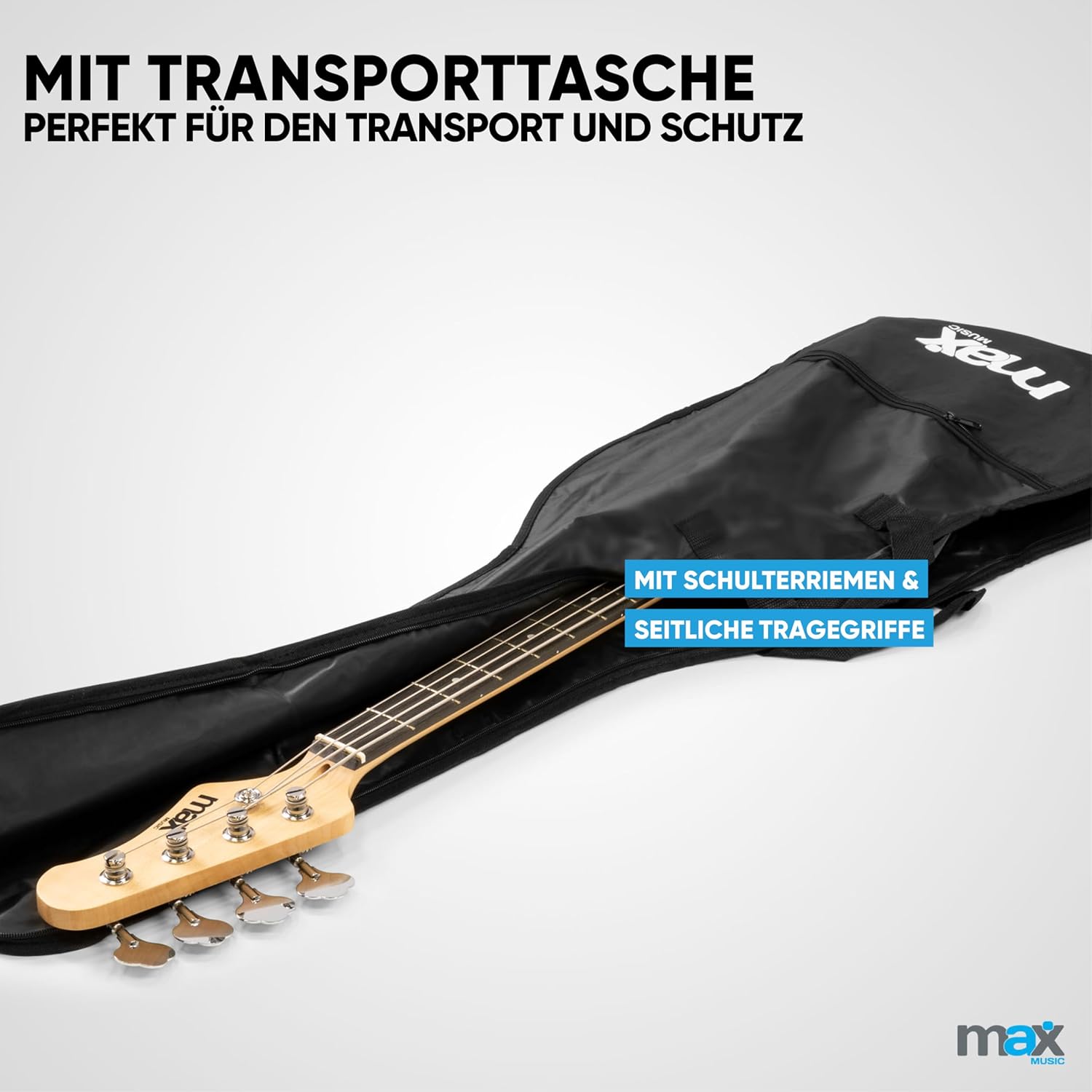 MAX GigKit Bassgitarre Set, E Bass Gitarre, Bass Guitar mit Gitarrenverstärker, Tasche, Stimmgerät, Plektren, Ständer, Gurt, Kabel und Ersatzsaiten - 21 Bünde - Weiß
