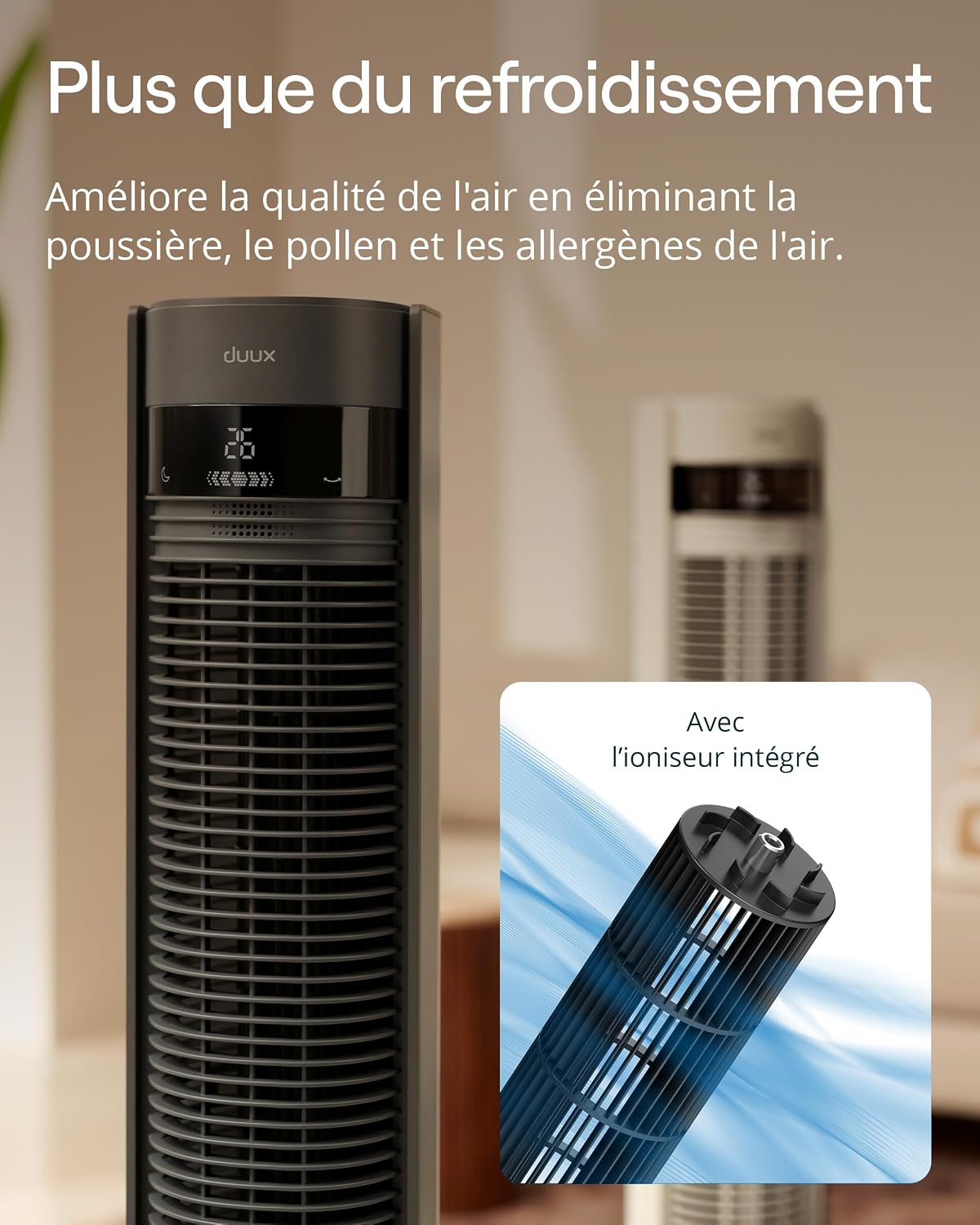 Duux Elevate Smart Ventilateur Tour - 26 Vitesses, 80° Oscillation, Seulement 25dB, Ionisateur, Minuterie (1–12h), Mode Sommeil, Tactile & Télécommande - Ventilateur Silencieux pour Chambre/Bureau
