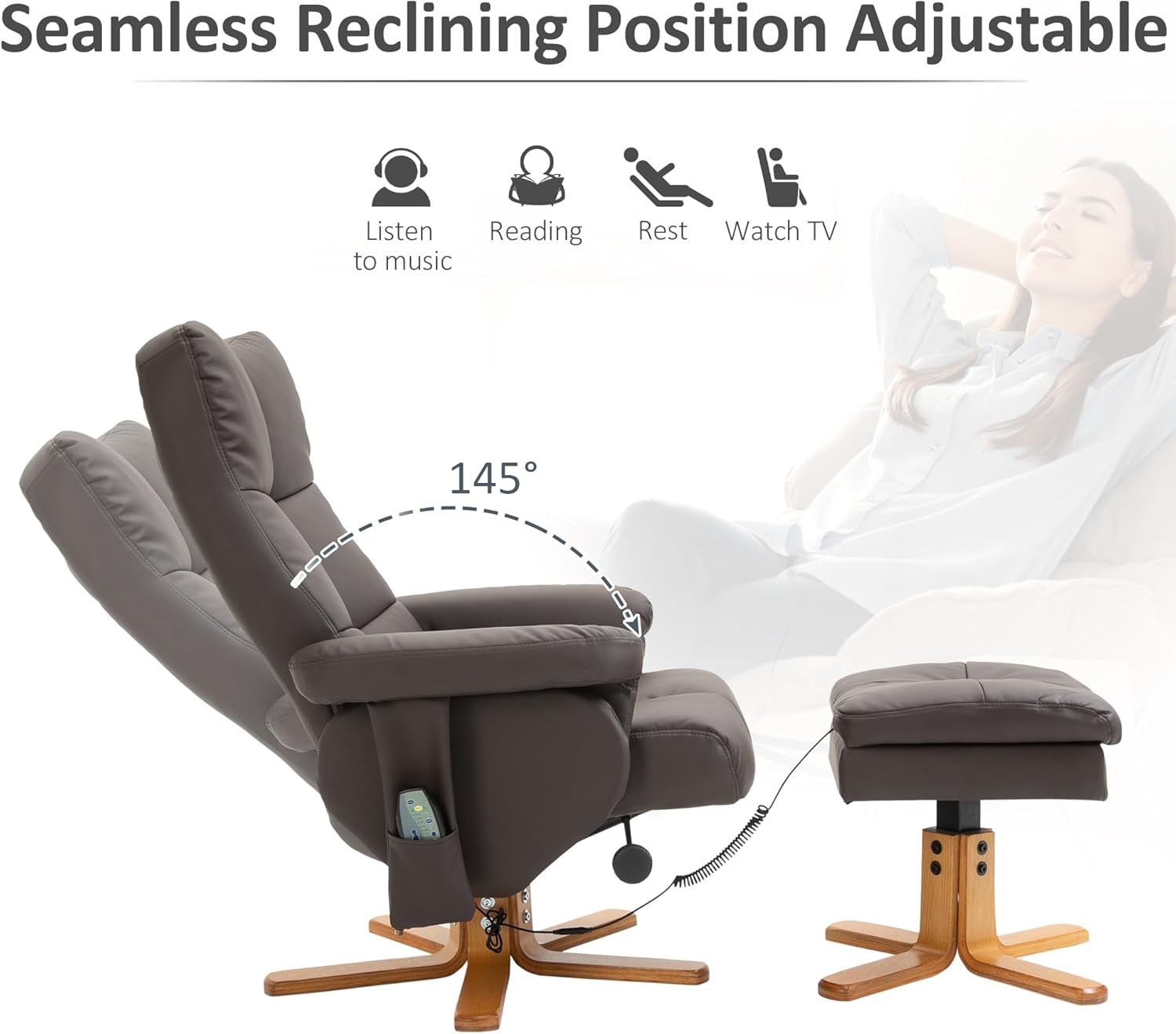 HOMCOM Relaxsessel mit Hocker, 360°drehbarer Fernsehsessel mit Massage, Liegefunktion, Massagesessel mit Seitentasche, TV-Sessel, Kunstleder für Wohnzimmer Braun