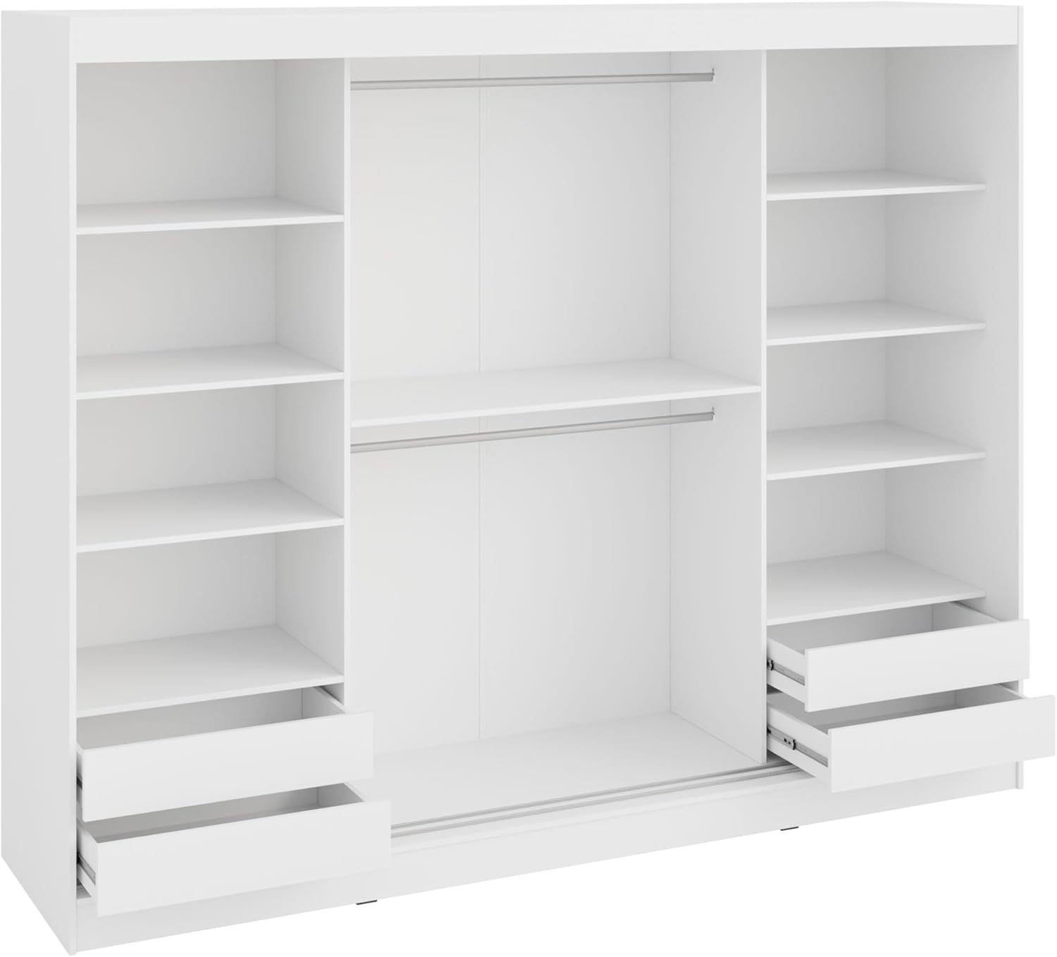 Mirjan24 Kleiderschrank Norlio mit Glastüren und Schubladen, Schwebetürenschrank mit Rauchglas, Schiebetürenschrank mit einlegeböden und Stange, Garderobe (Weiß, ohne Beleuchtung)