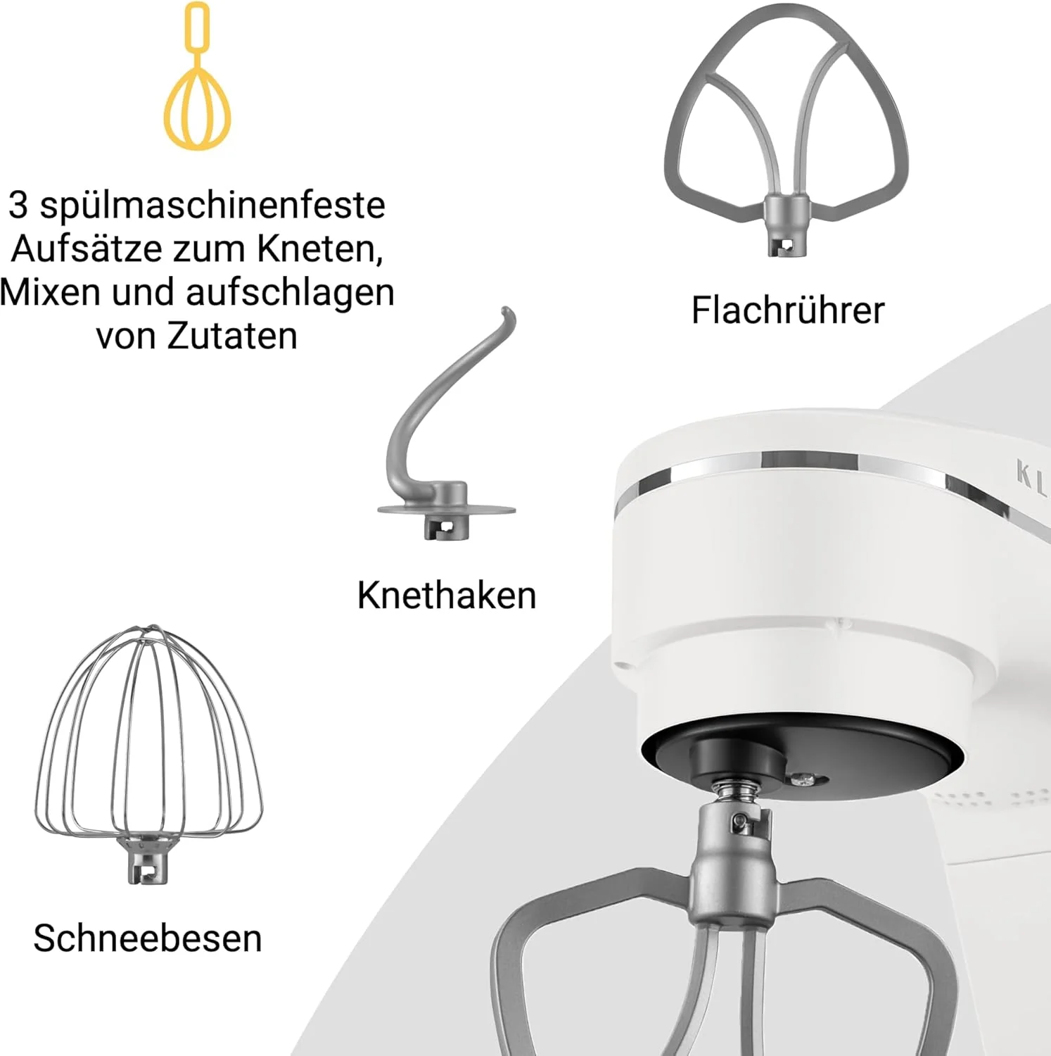KLAMER Keukenmachine 1800W, Kneedmachine met 6 Liter RVS Kom, 10 Snelheidsstanden met Timer, Klopper, Deeghaak, Garde en Spatdeksel