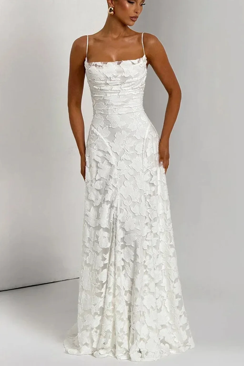 Damen Maxikleid mit Spaghetti-Tr?gern und Blumen-Jacquard | R��ckenfreies Abendkleid mit Schn��rung f��r festliche Anl?sse