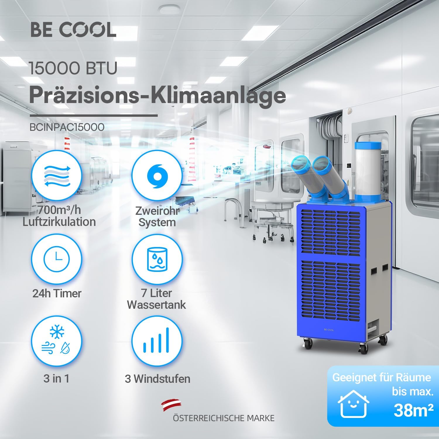 BE COOL Präzisions-Klimaanlage 15.000 BTU BCINPAC15000 | Mobile Klimaanlage mit 4400 W, LCD-Display, 3 Stufen, 24h Timer, R290, für Büro, Serverraum, Gastronomie & Industrie
