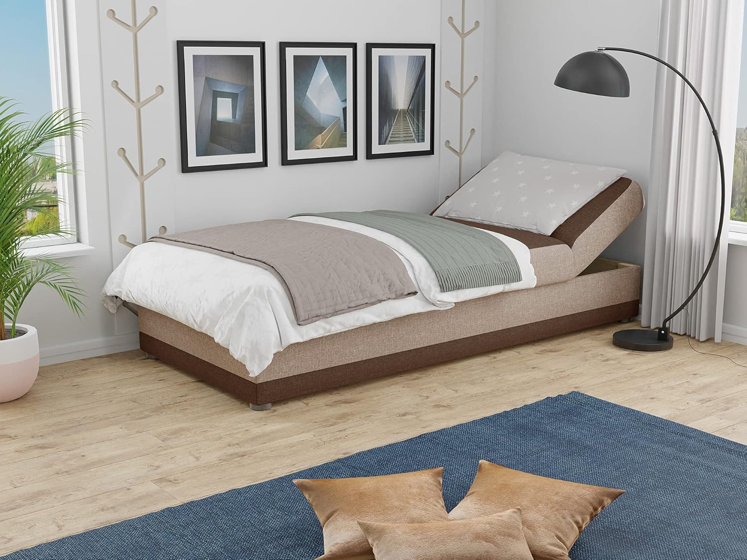 Bett Andre 90x200cm mit Bettkasten - Sofa, Schlafsofa, Regulierbarer Rückenlehne, Bettgestell, Schlafzimmer, Kinderzimmer (Braun (Sawana 16 + 27))