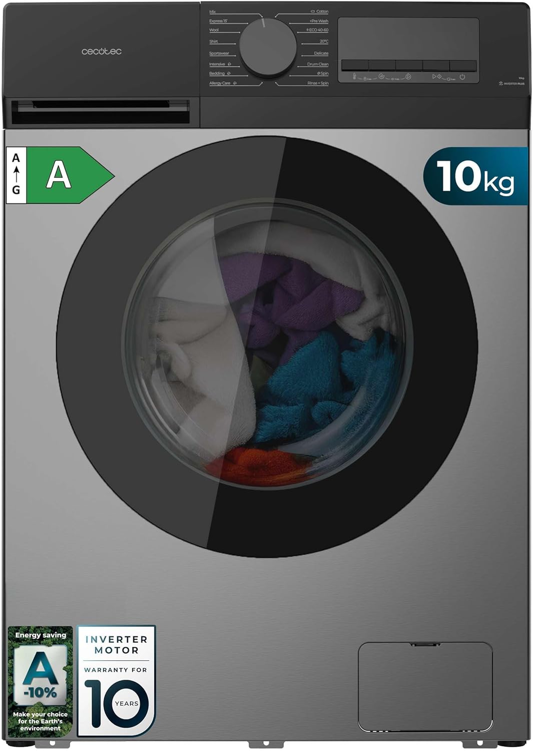Cecotec Bolero DressCode 10450 Inverter Steel Pralka ładująca z przodu, 1400 obr./min, 16 programów, klasa A-10%, silnik inverter Plus, Pearl Drum, funkcja ciszy, KidLock, Stal