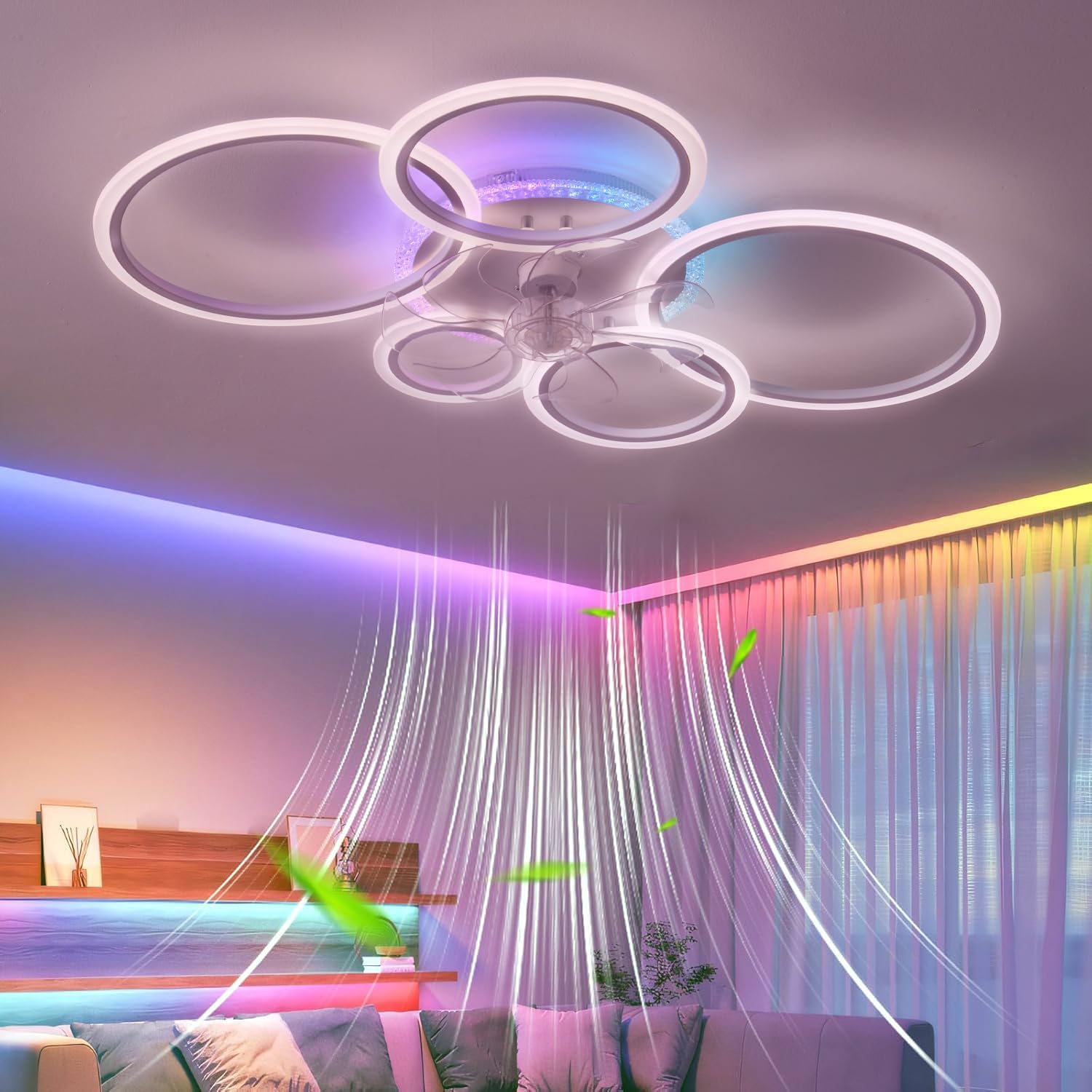 95cm RGB Deckenleuchte Mit Ventilator Groß Dimmbar, Reversibel Deckenleuchte Mit Ventilator Und Fernbedienung App, Modern Deckenventilator Mit Beleuchtung 72w Wohnzimmer Leise Timer