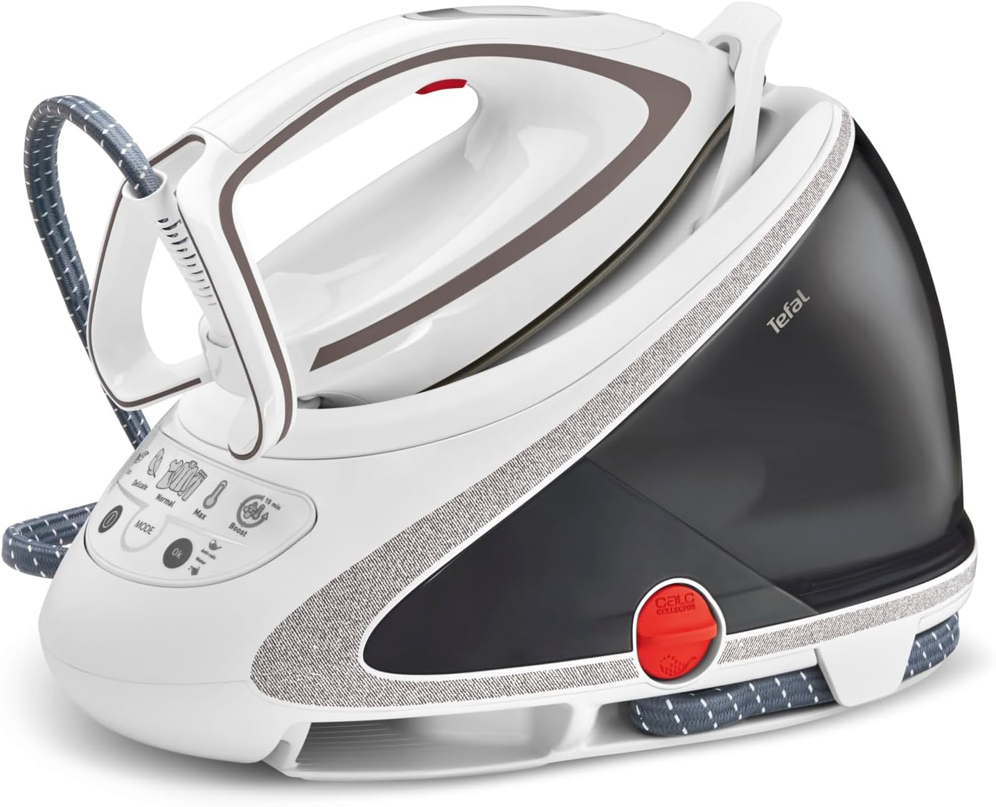 Tefal Dampfbügelstation Pro Express Ultimate, 7,7 Bar, 155 g/Min. Kontinuierlicher Dampf, 500 g/Min. Extra-Dampfstoß, 2600 Watt, Kalk-Kollektor, Bügeleisen Dampfstation, weiß/grau, GV9567