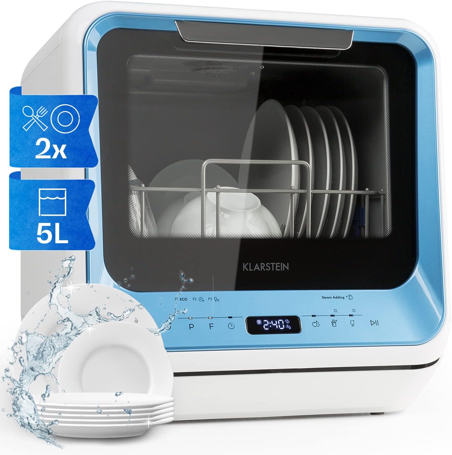 Klarstein Amazonia Mini Geschirrspüler – Kompakte Tischspülmaschine mit Wassertank, 7 Programme, 5L, Digitalanzeige, Leise 58dB, Energieeffizienzklasse D, Tragbar für kleine Küchen & Reisen, Blau