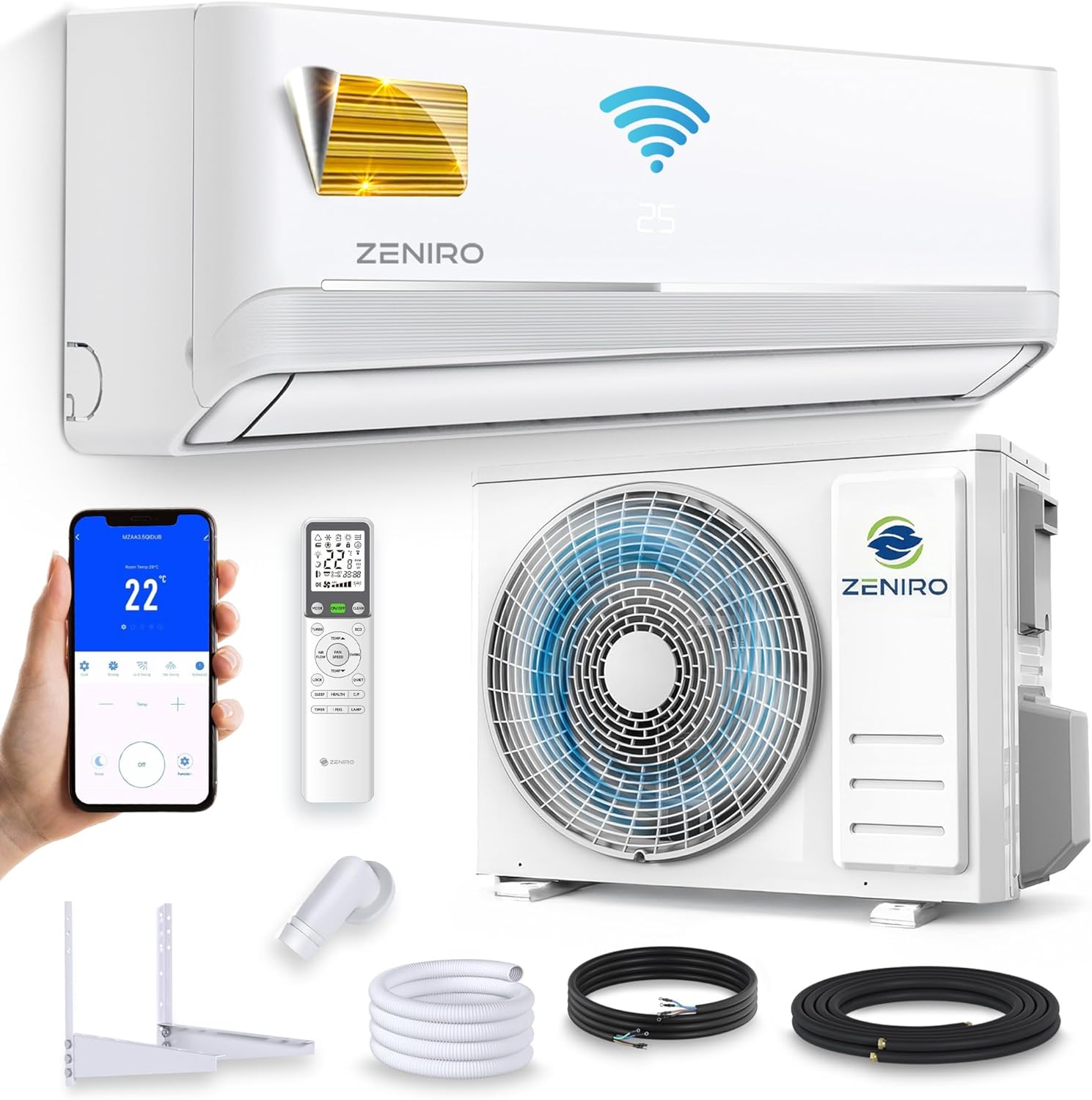 Klimanlage Split Klimagerät Set Air Conditioner mit Heizfunktion 24000 BTU 7,2kW A++ WiFi/App-Steuerung 4D AirFlow Auto Reinigung inkl. Montagematerial Vorgefüllt R32
