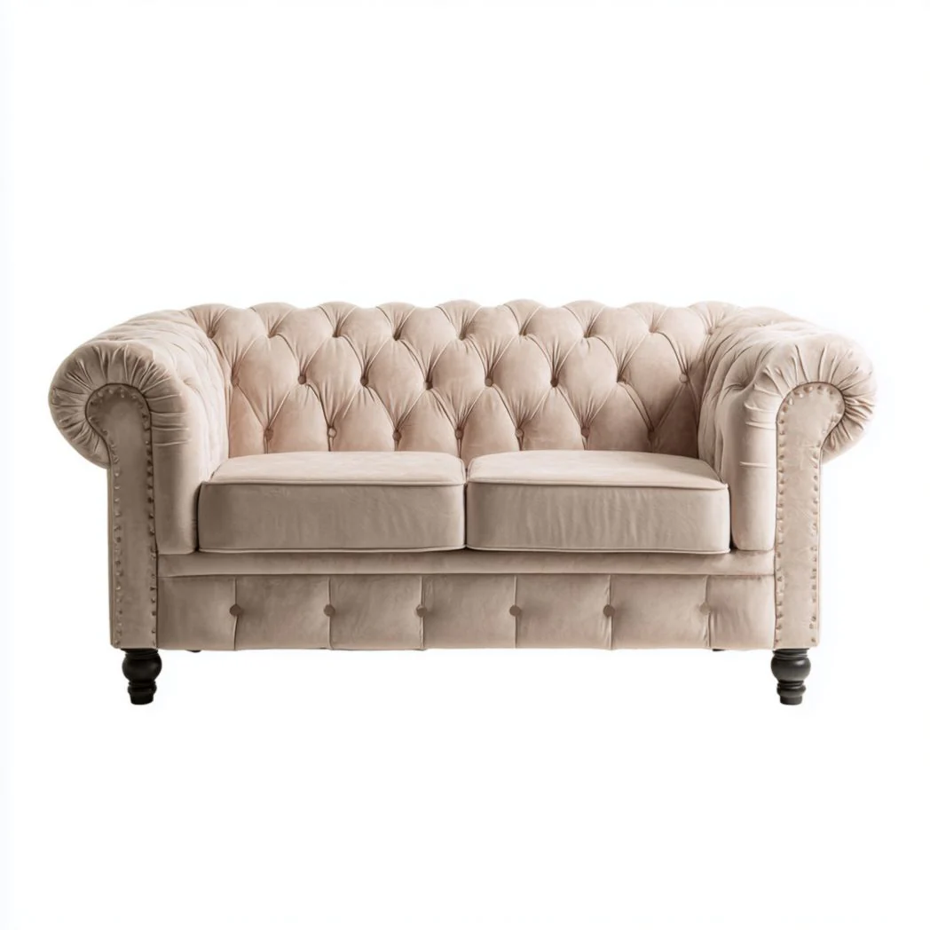 Sofa dwuosobowa Chesterfield z tkaniny beżowej, nogi z drewna bukowego