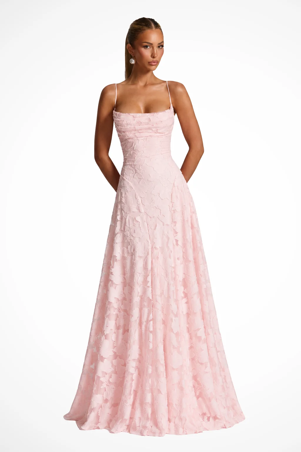 Maxikleid f��r Hochzeitsg?ste mit Wasserfallausschnitt und Blumenspitze | Festliches langes Abendkleid f��r Damen und feierliche