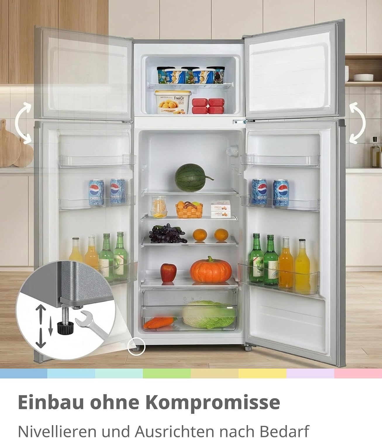 Comfee' Kühlschrank mit Gefrierfach | 204L Kühl-Gefrierkombination, 143 cm Höhe | 137 kWh/Jahr, Low Frost, Leise 39 dB, LED-Licht, Inverter Kompressor, Freistehend Silber RCT210DS3EU(E)