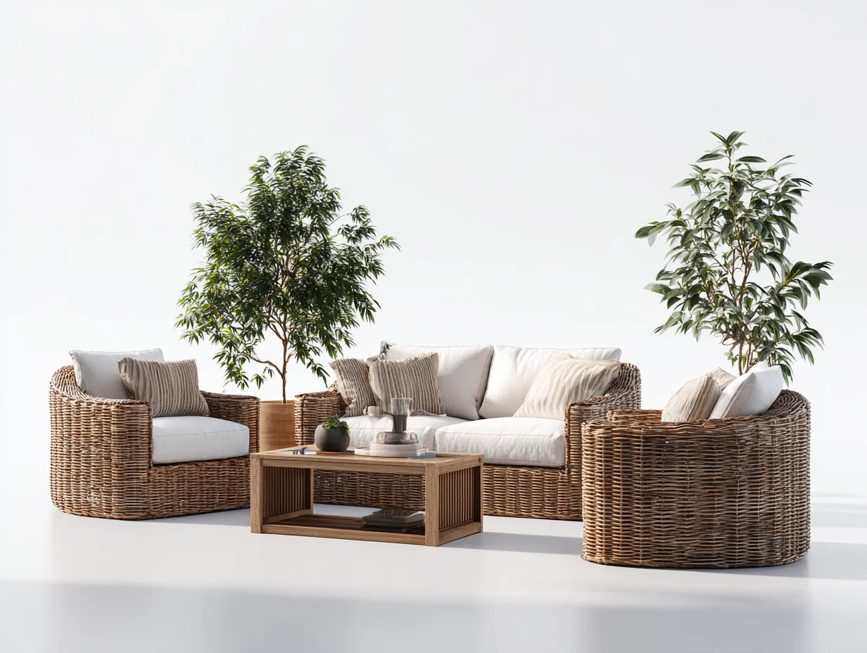 Sofás de jardín ratán natural con cojines beige y mesa de centro 200x80x75 cm - diseño moderno para exterior