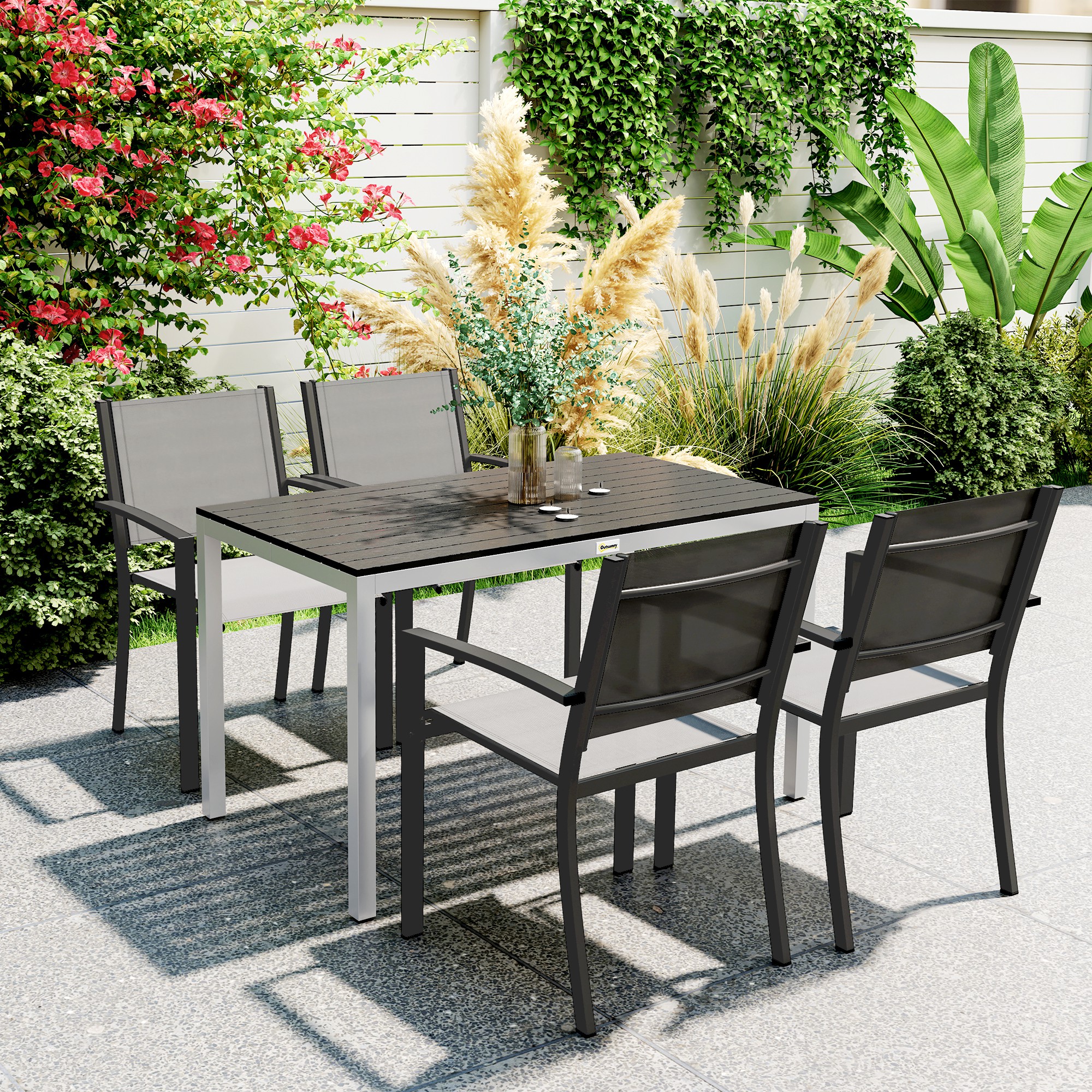 Outsunny Tuintafel Aluminium 120x70 cm Weerbestendig Balkontafel met Houtlook, voor 4-6 Personen Zwart
