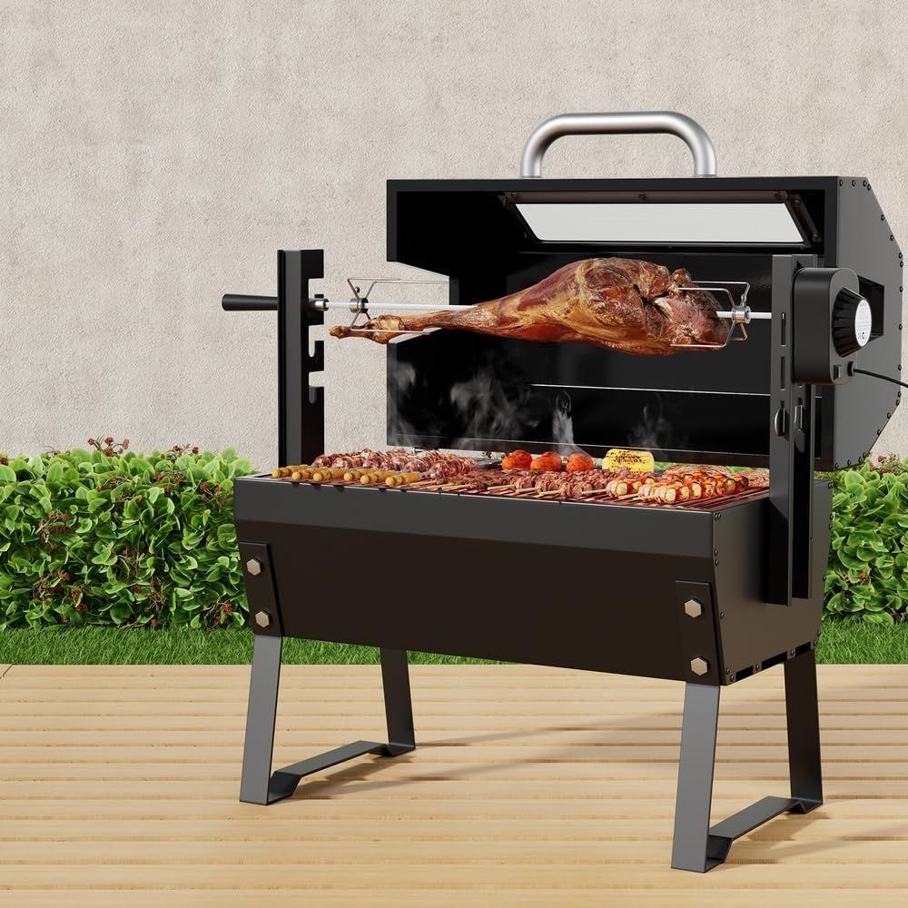 Portable BBQ Grill & Smoker with 61cm Cooking Area, Outdoor Charcoal & Electric Roaster for Camping & Parties, Black