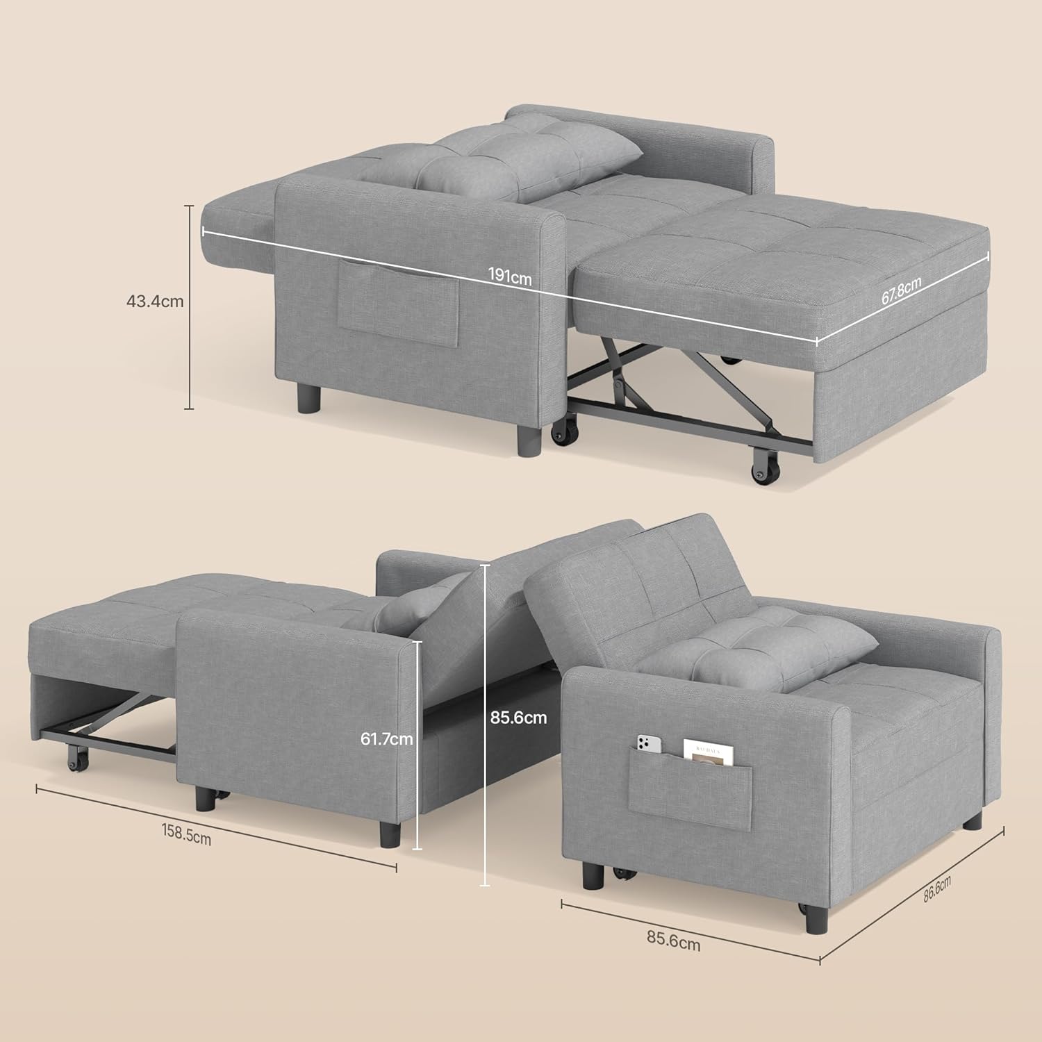 Bealife Relaxsessel, Schlafsessel mit Verstellbarer Rückenlehne, Fernsehsessel, Klappbares Schlafsofa, Relaxsessel fürs Wohnzimmer,Schlafzimmer (Hellgrau)