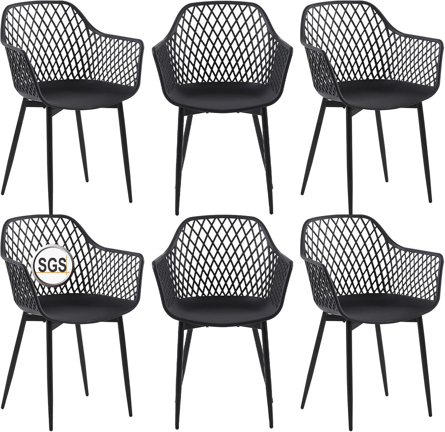Gartenstuhl 6er Set, Outdoor Stuhl mit Armlehne, Armlehnensessel Loungesessel Lehnstühle, Gartenstühle 120 kg belastbar, Schwarz