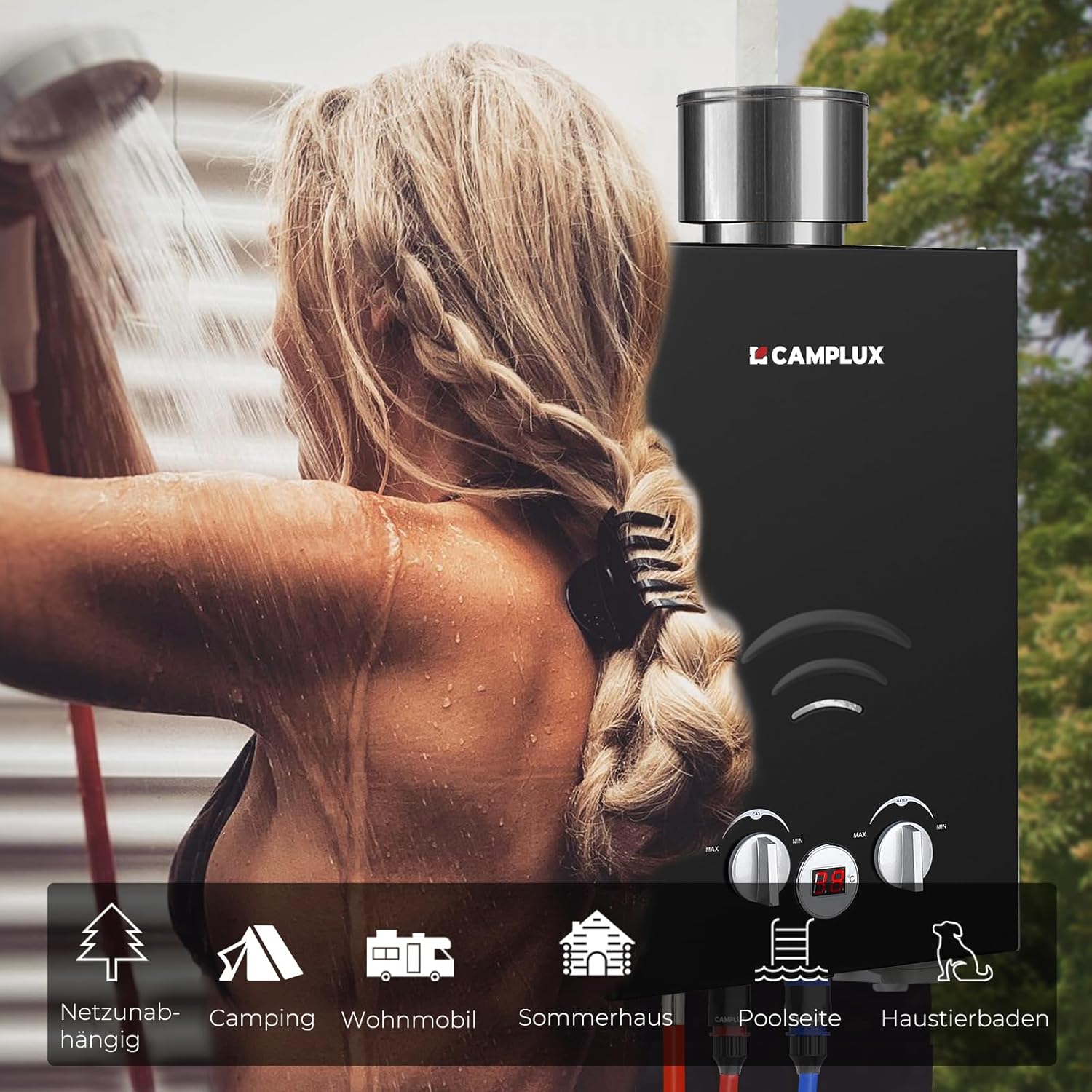 CAMPLUX BW158BC-DE Tankless Gasdurchlauferhitzer mit Regenhaube, Tragbar LPG Durchlauferhitzer, 6 Liter, 12kW, 50mbar, Campingdusche