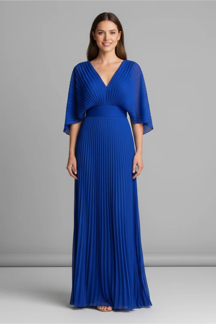 Damen Maxikleid mit V-Ausschnitt und plissiertem Rock | Elegantes Langarmkleid mit Taillennaht f��r jeden Anlass