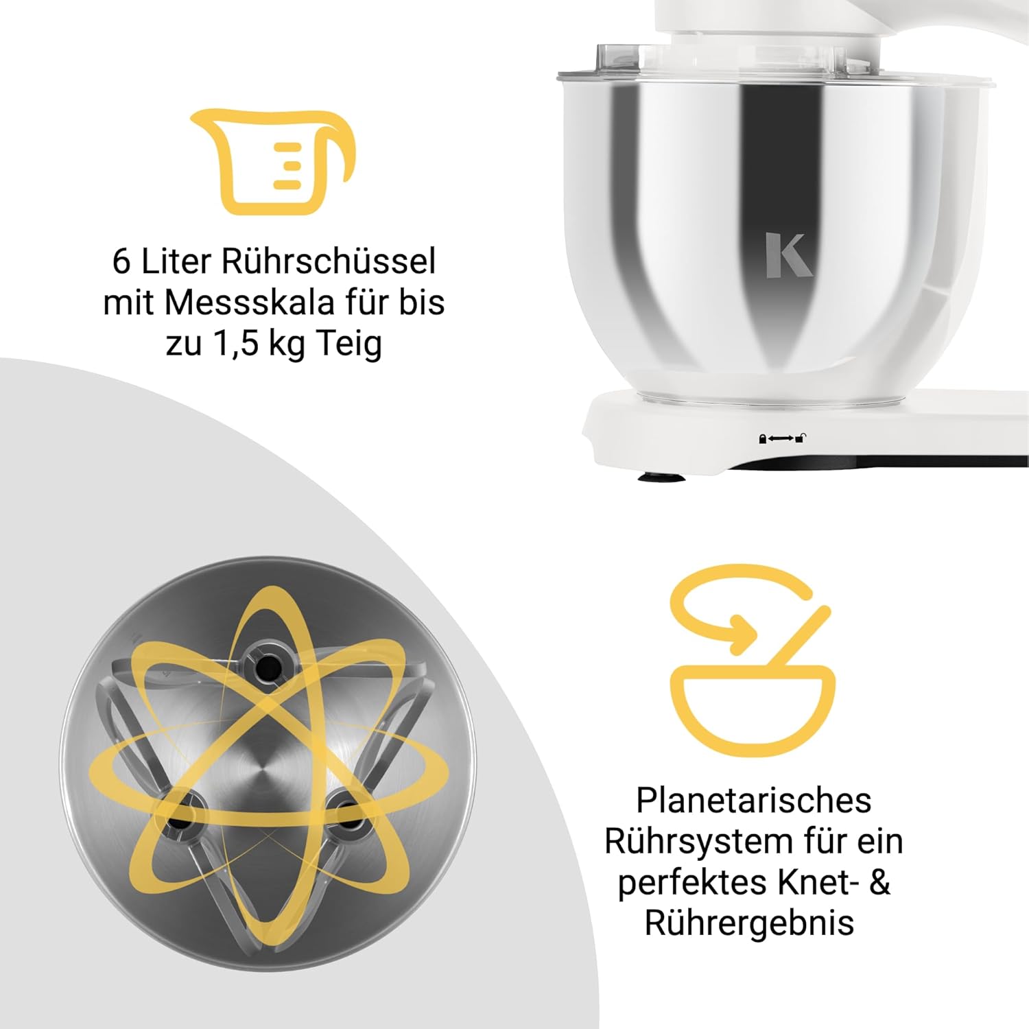 KLAMER Küchenmaschine 1800W, Knetmaschine Brotteig mit Edelstahl-Rührschüssel 6 L, 10 Stufen mit Timer, Planetenrührwerk, Rührbesen, Knethaken, Schneebesen & Sichtdeckel (schwarz)