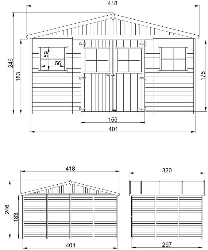 Gartenhaus Holz MIT IMPRÄGNIERTEM Boden - Geräteschuppen mit Fenstern - H246 x 418 x 320 cm/ 12 m² Naturholz-Shiplap-Schuppen - Gerätehaus - Fahrradschuppen - TIMBELA M331+331G