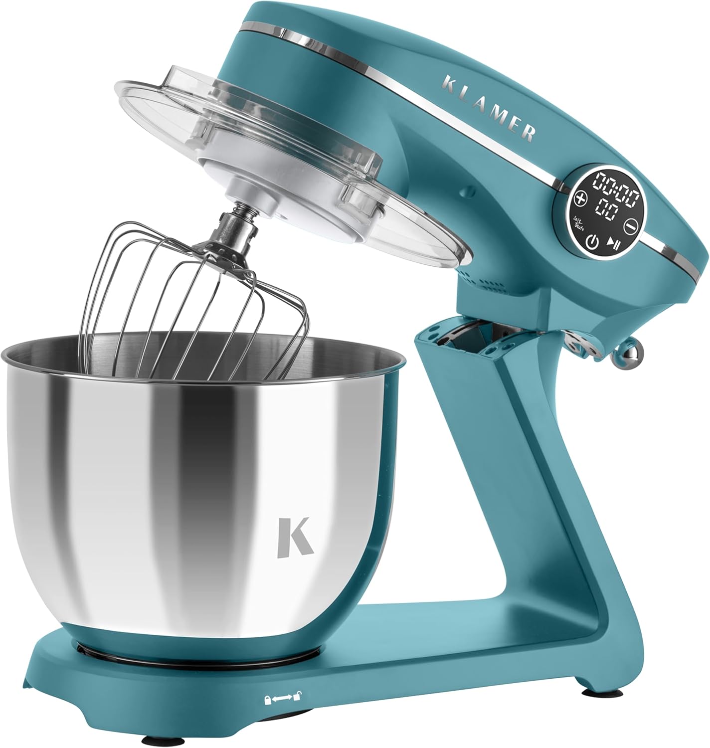 KLAMER Küchenmaschine 1800W, Knetmaschine mit 6 Liter Edelstahl Schüssel, 10 Geschwindigkeitsstufen mit Timer, Rührbesen, Knethaken, Schneebesen und Spritzschutz