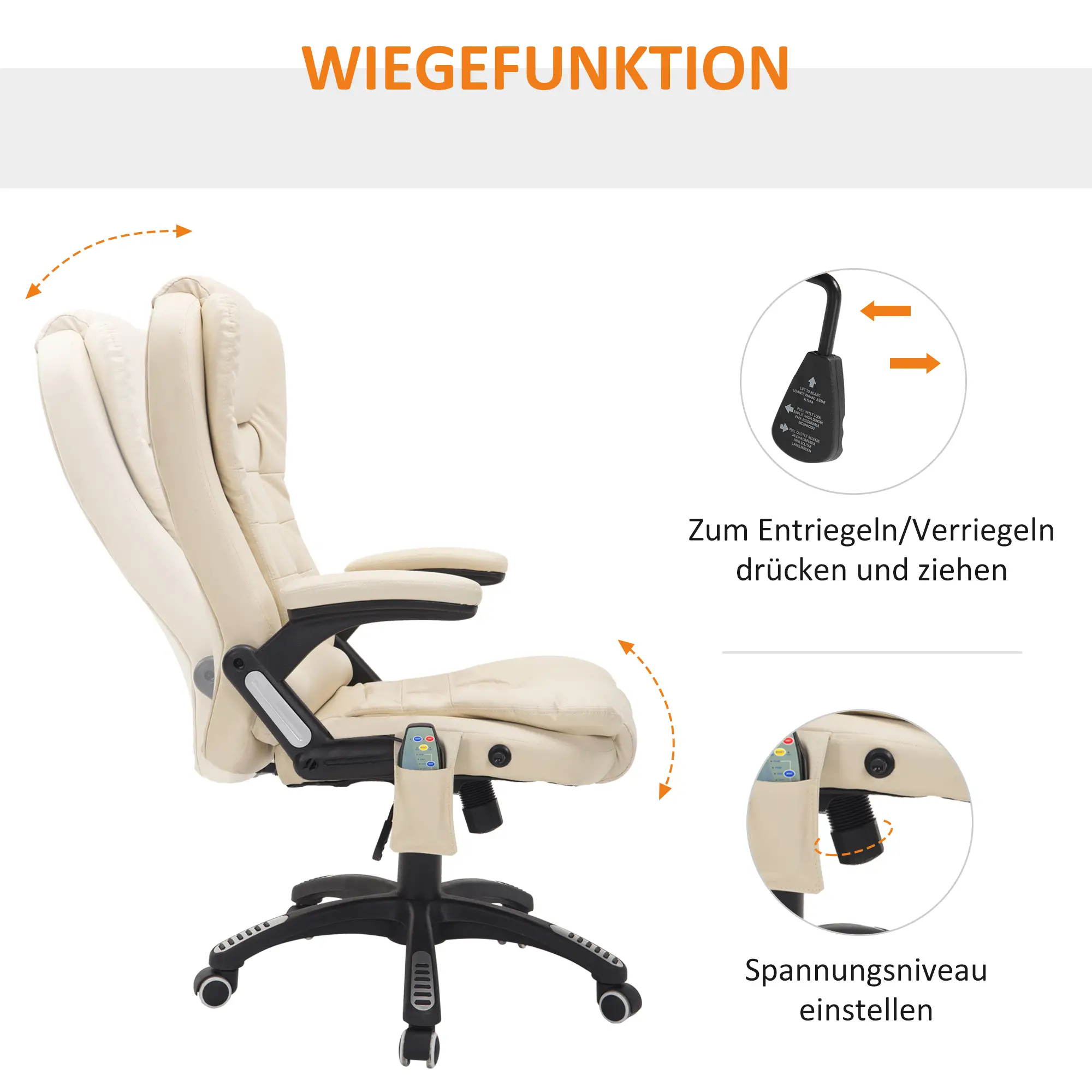 HOMCOM Bureaustoel Directiestoel Massagefunctie in hoogte verstelbaar cr��mewit