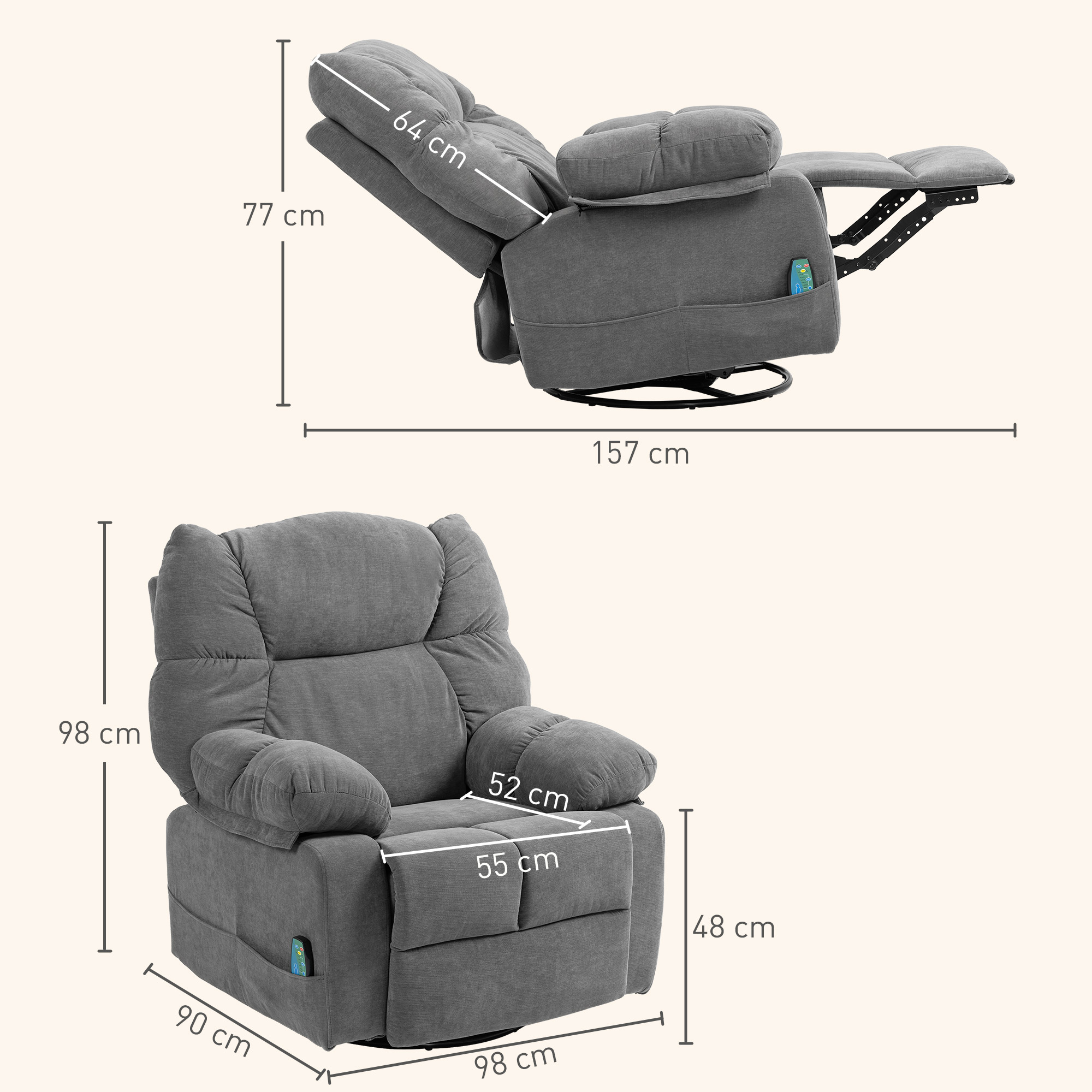 Relaxstoel met Massage- en Ligfunctie, Draaibare Massagestoel, 4 zijzakken en Afstandsbediening, Donkergrijs