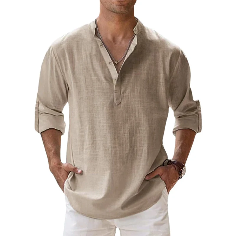 Herren Leinenhemd mit Henley-Ausschnitt | Atmungsaktives Sommerhemd aus leichtem Leinen | Klassisches Freizeit-Shirt Langarm