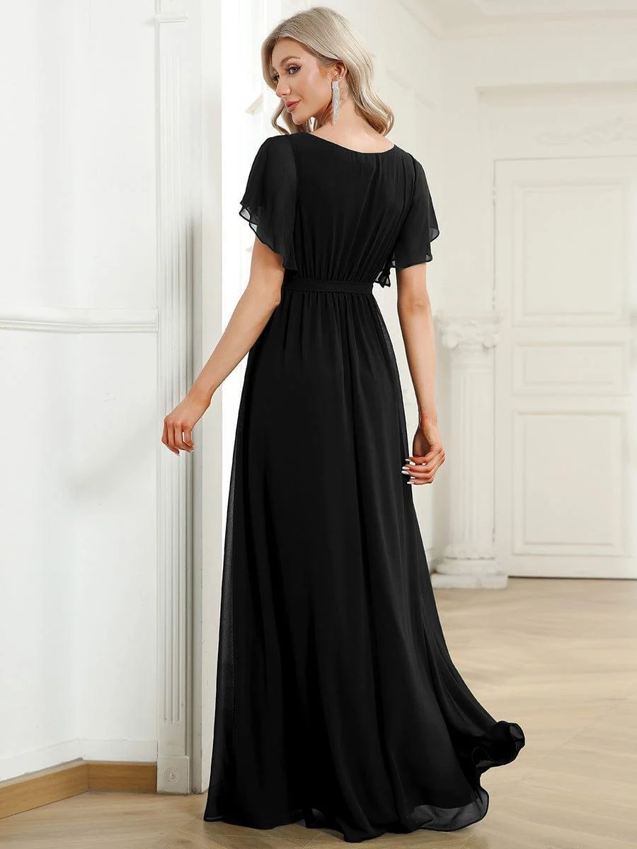 Abendkleid Damen Maxi A-Linie aus Chiffon | Festliches Kleid f��r Hochzeitsg?ste mit V-Ausschnitt und Fl��gel?rmeln