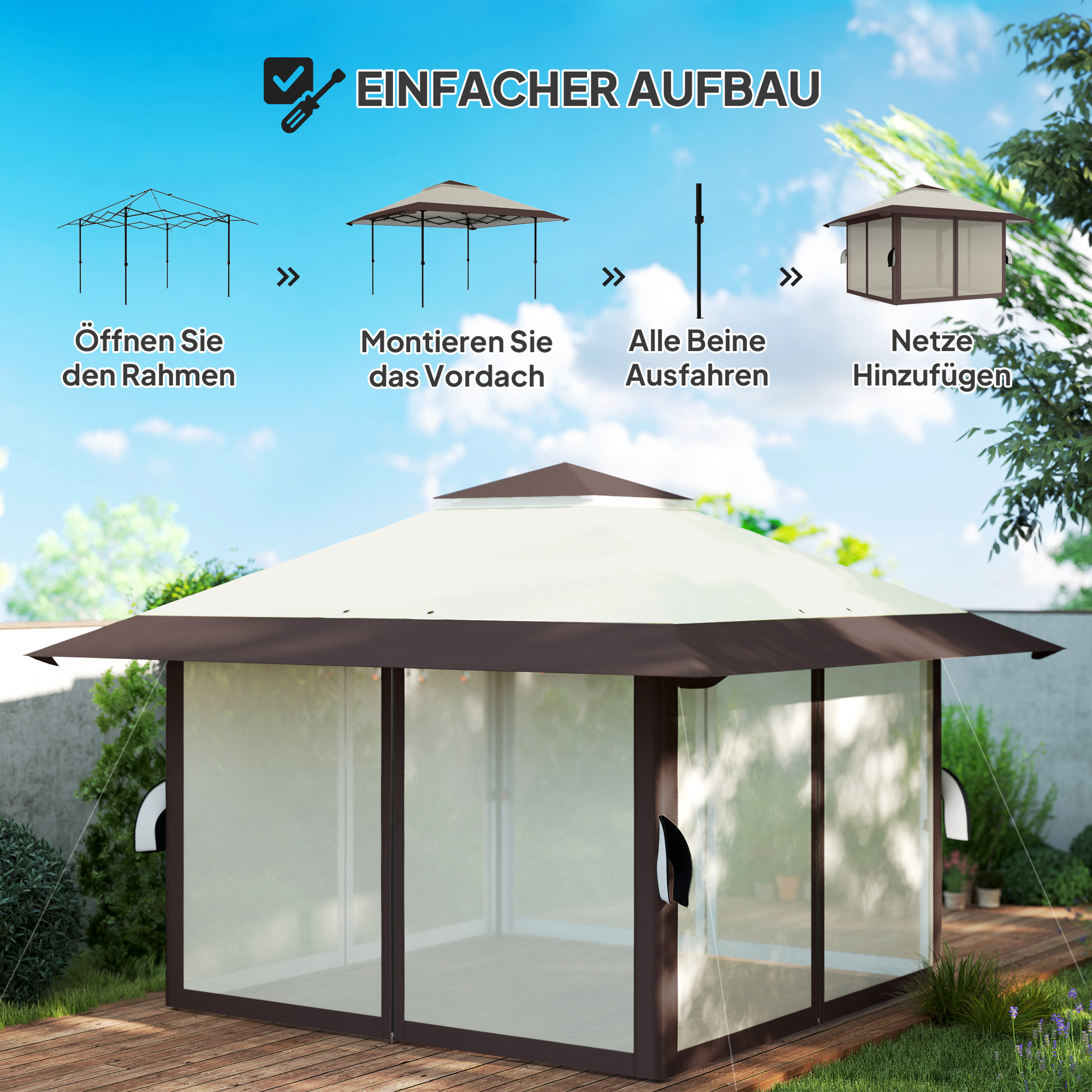 Outsunny 4 x 4 m Tuin Paviljoen, Tuinent met Netwanden, UPF50+ Bescherming, Hoogteverstelbare Partytent, Beige