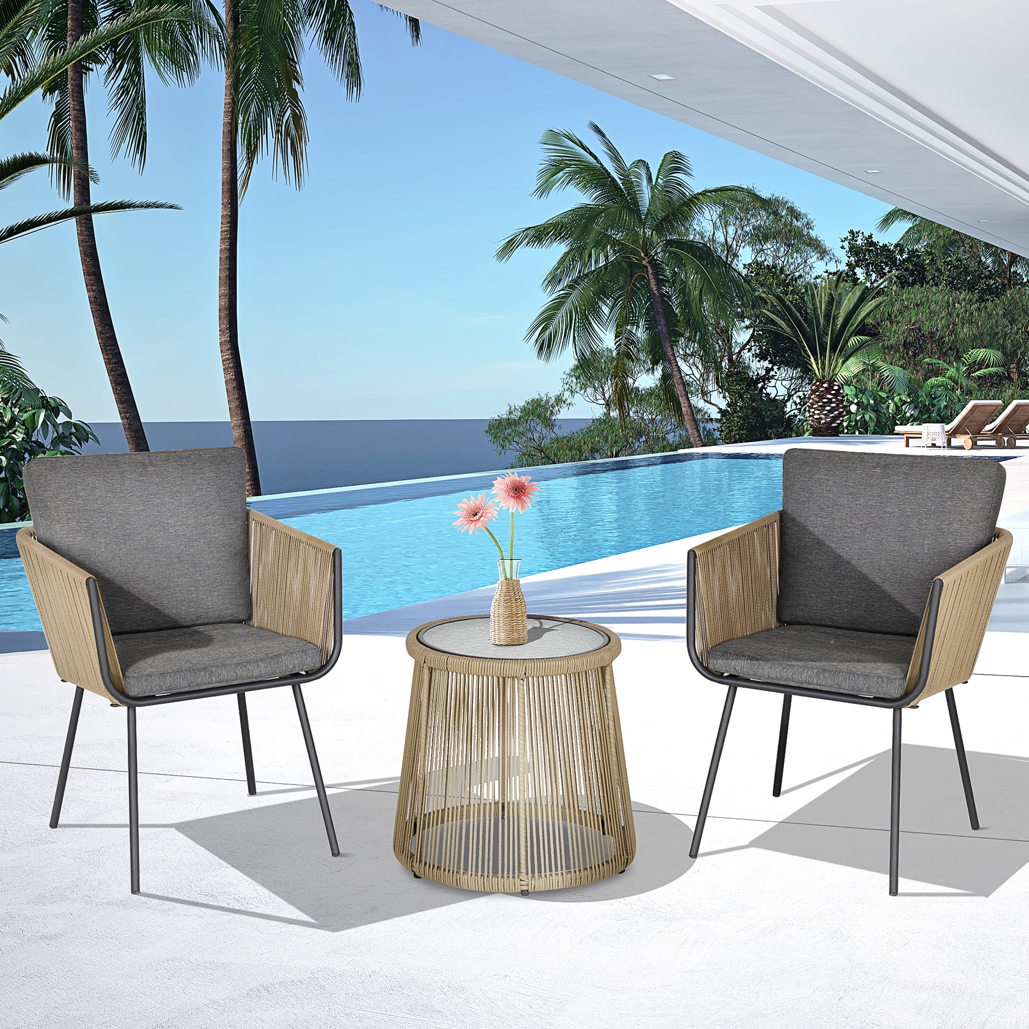 3-delige loungeset, 2 stoelen, bijzettafel, zit- en rugkussens, gehard glazen tafelblad, kunstrotan, grijs