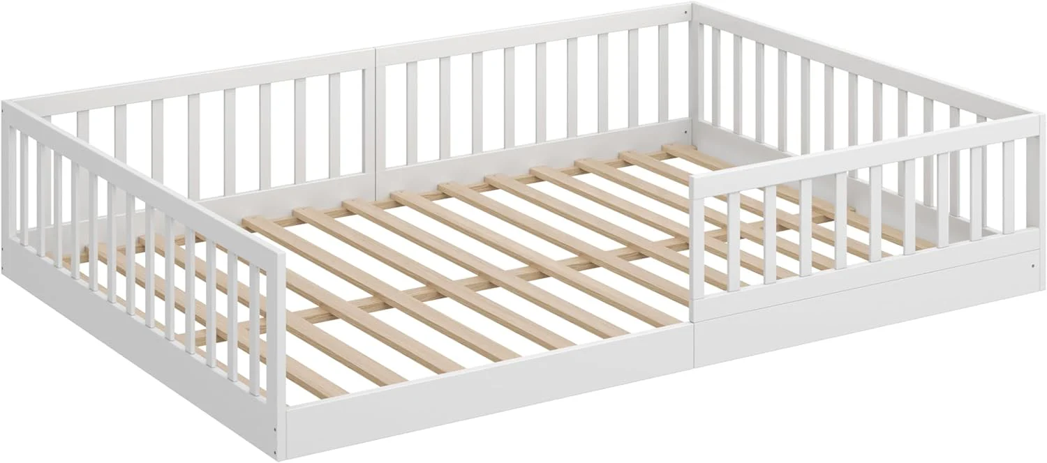 CADANI Timi 2-in-1 Vloerbed 140x200 cm Montessori Kinderbed met uitneembare valbeveiliging incl. lattenbodem, massief grenenhout, wit - 3 opbouwmogelijkheden, belastbaar tot 200 kg, ombouwbaar