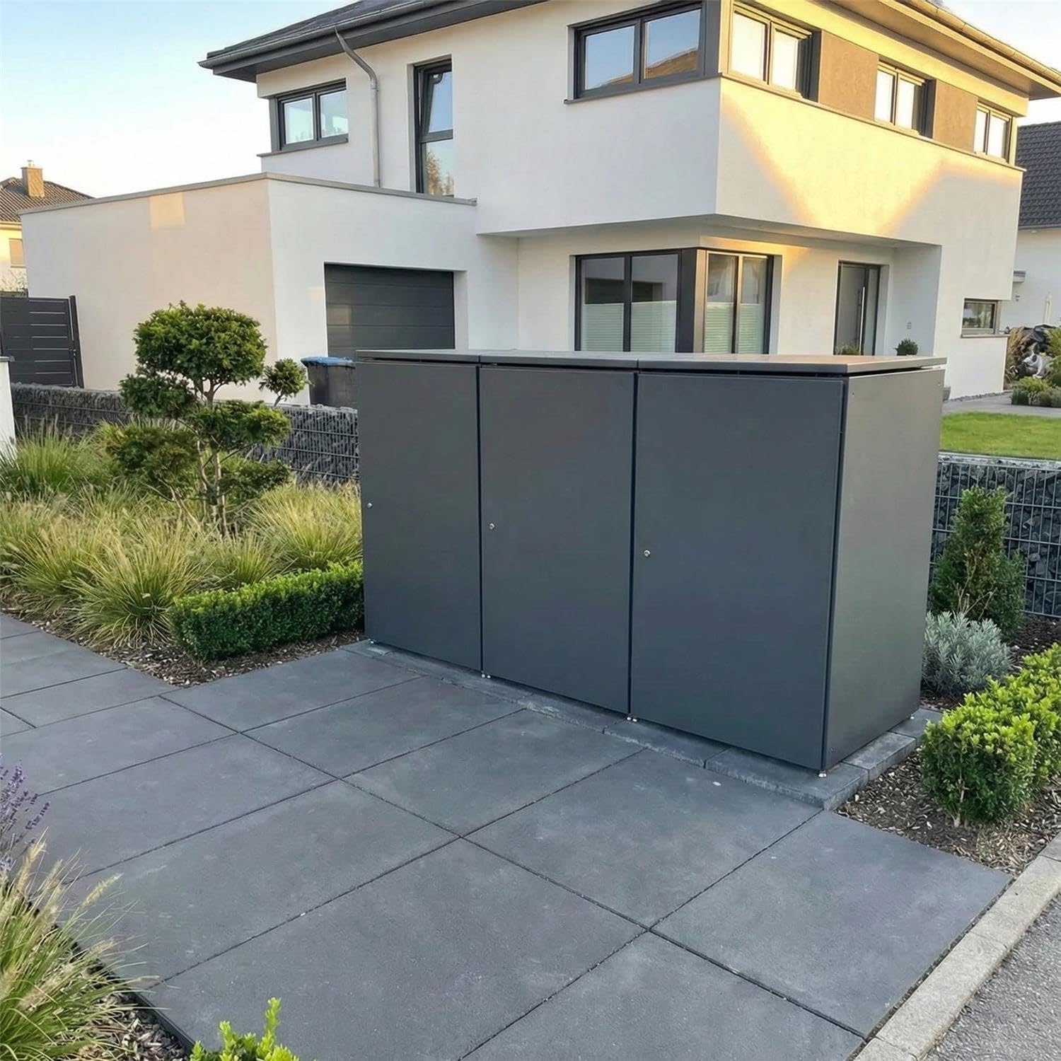 Metzler Mülltonnenbox 3er 240L in Anthrazit | Für 3 Tonnen aus Aluminium rostfrei & abschließbar | Mülltonnenverkleidung außen mit Automatikdeckel & höhenverstellbare Füße | Müllbox für Garten