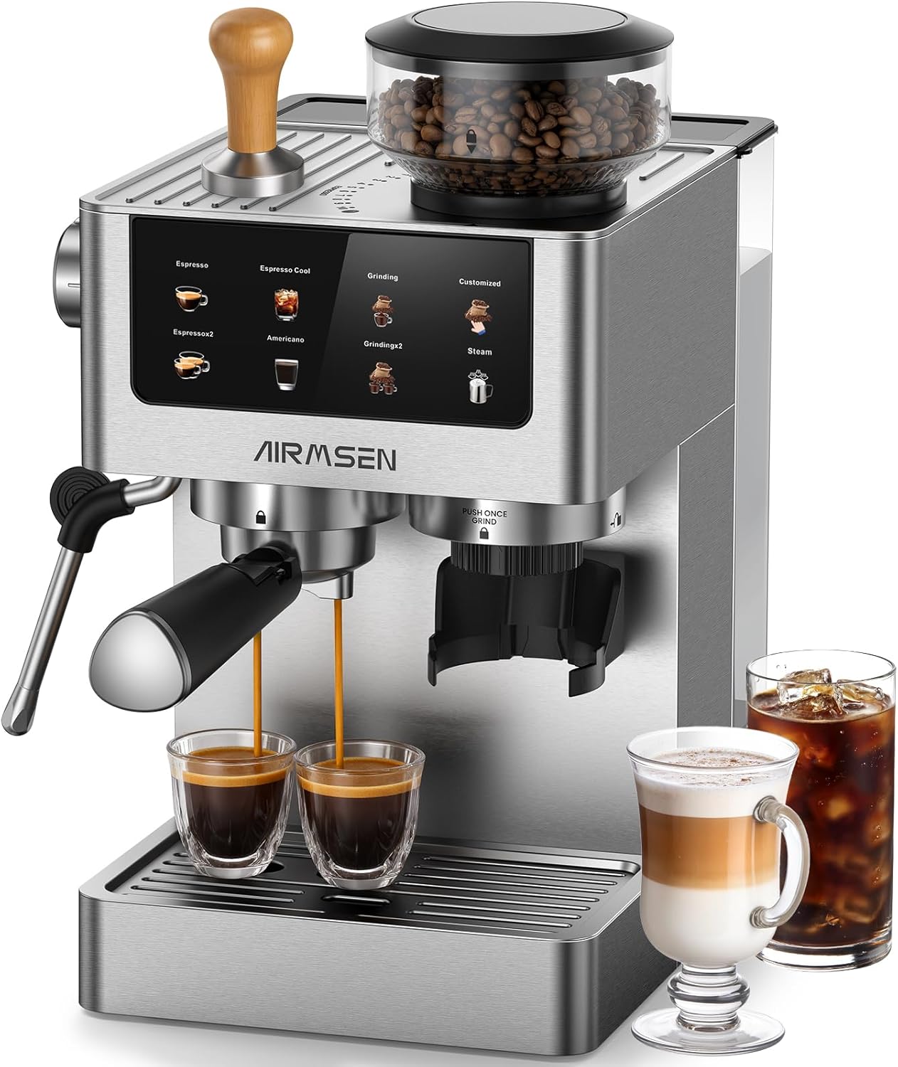 AIRMSEN 20 Bar Siebträgermaschine mit Kegelmahlwerk & Milchschäumer, 1.8L Wassertank, Edelstahl Espressomaschine Kaffeemaschine für Americano, Cappuccino und Latte