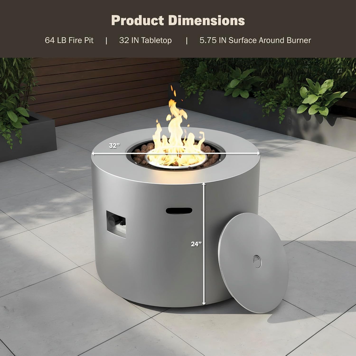 32 Inch Round Propane Fire Pit Table �C 50,000 BTU Outdoor Gas Fire Table for Patio, Deck, Backyard, CSA Certified, Alloy Steel with Waterproof Cover, Lava Rocks & Lid, Gray