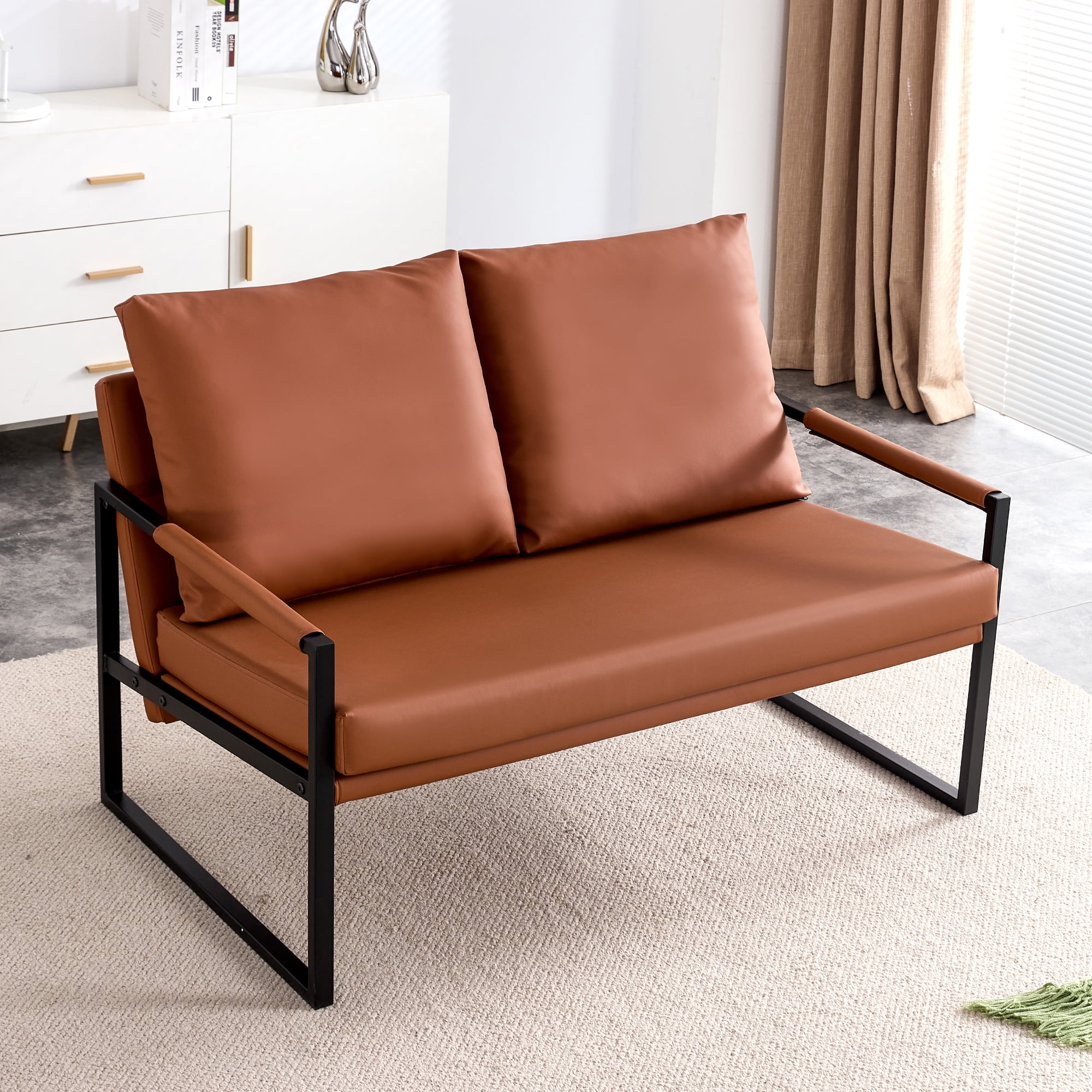 Wasait Moderne Tweezitsfauteuil met 2 Kussens �C PU-leer, Dicht Schuim, Zwart Gecoat Metalen Frame, Bruin SF-D008