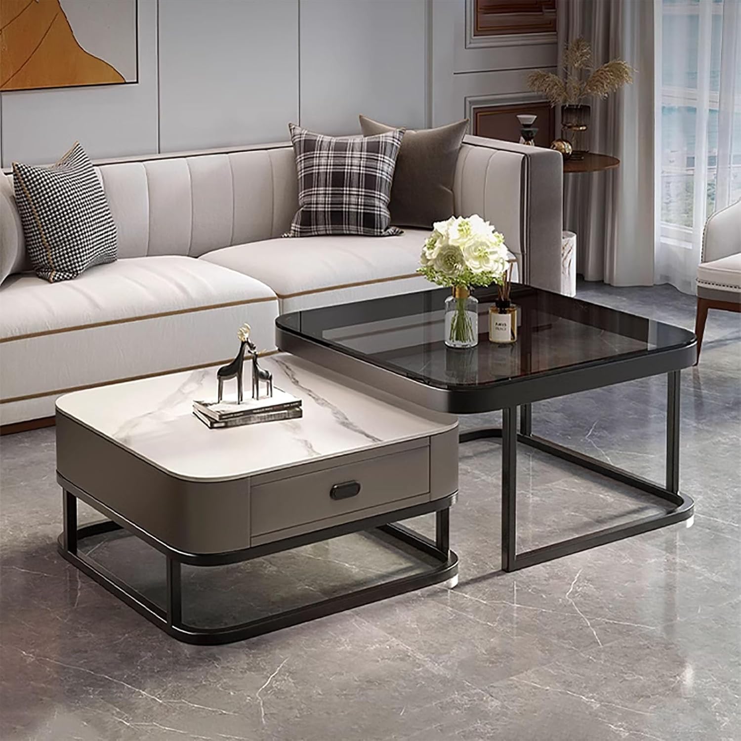 Quadratischer Couchtisch Gold Set aus 2 Glas Couchtisch mit Metallrahmen Kaffeetische für Wohnzimmer Aufbewahrung Couchtisch Moderne Design Home Easy Assembly für Wohnzimmer Büro Schlafzimmer