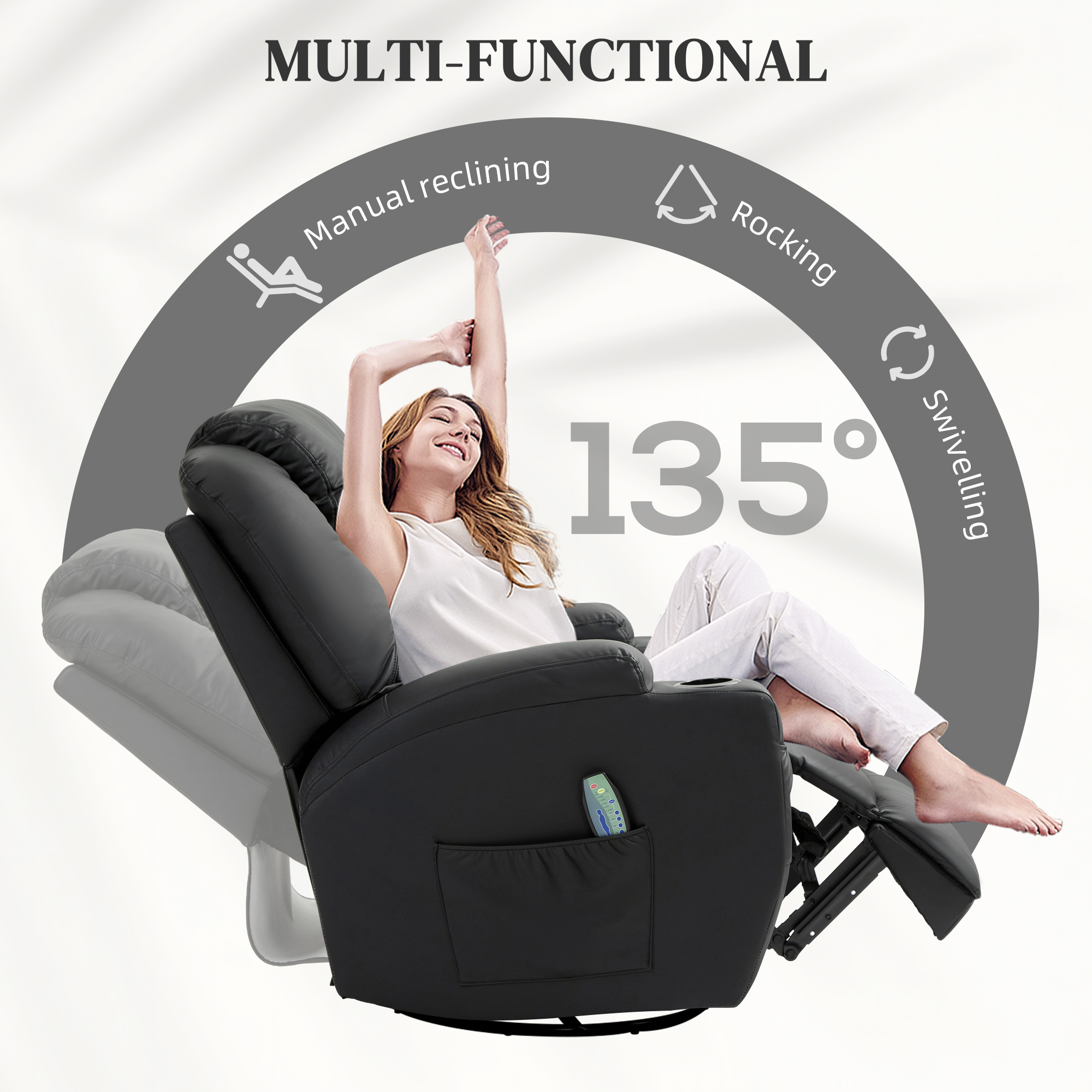 Relaxfauteuil met Massagefunctie, Kantelbare Leuning, Draaibaar, tot 150 kg, Kunstleer, Zwart
