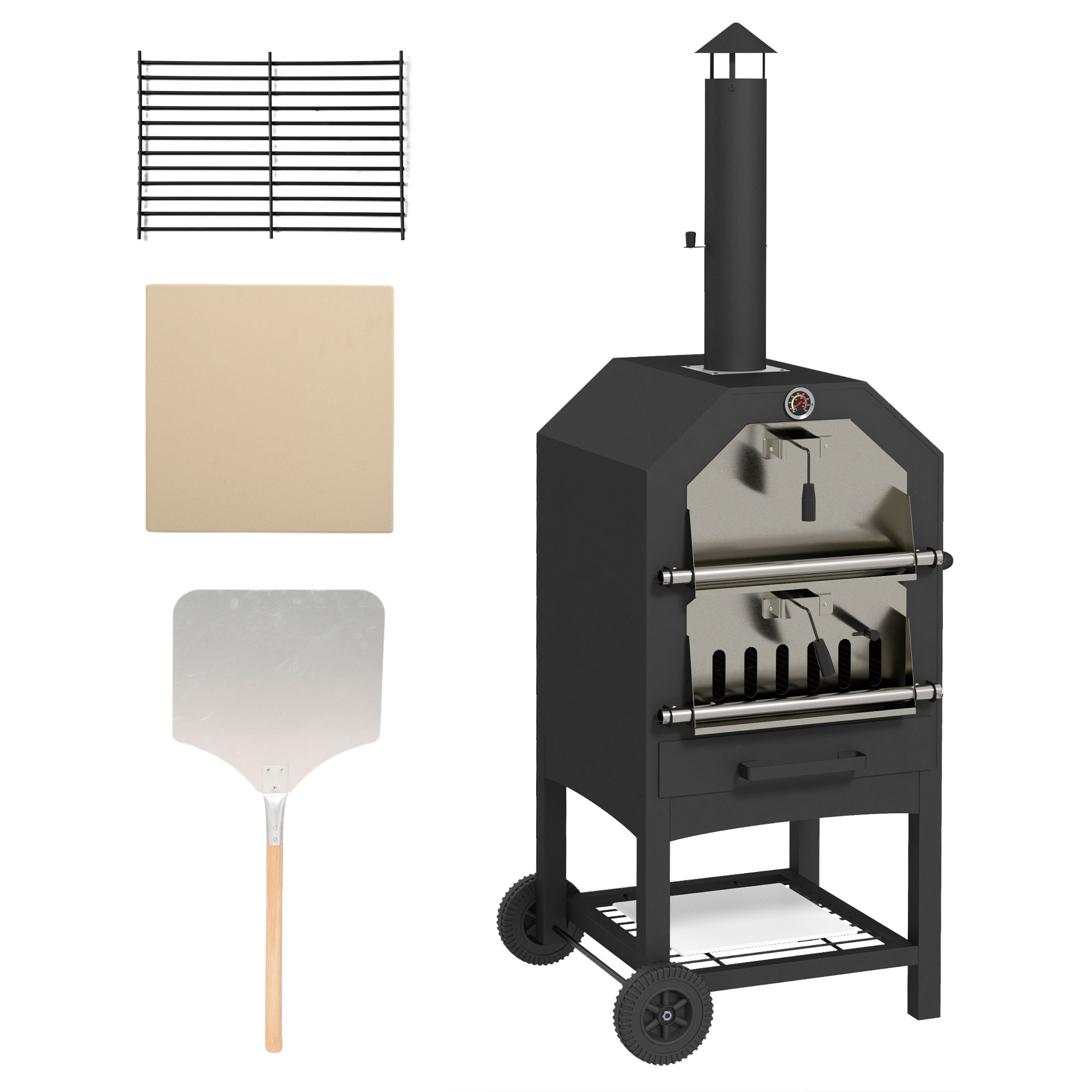 Outsunny 2-in-1 Buitenhoutoven voor Pizza, met Pizzasteen, Aslade, 2x Grillrooster, Thermometer, Roestvrij, Zwart