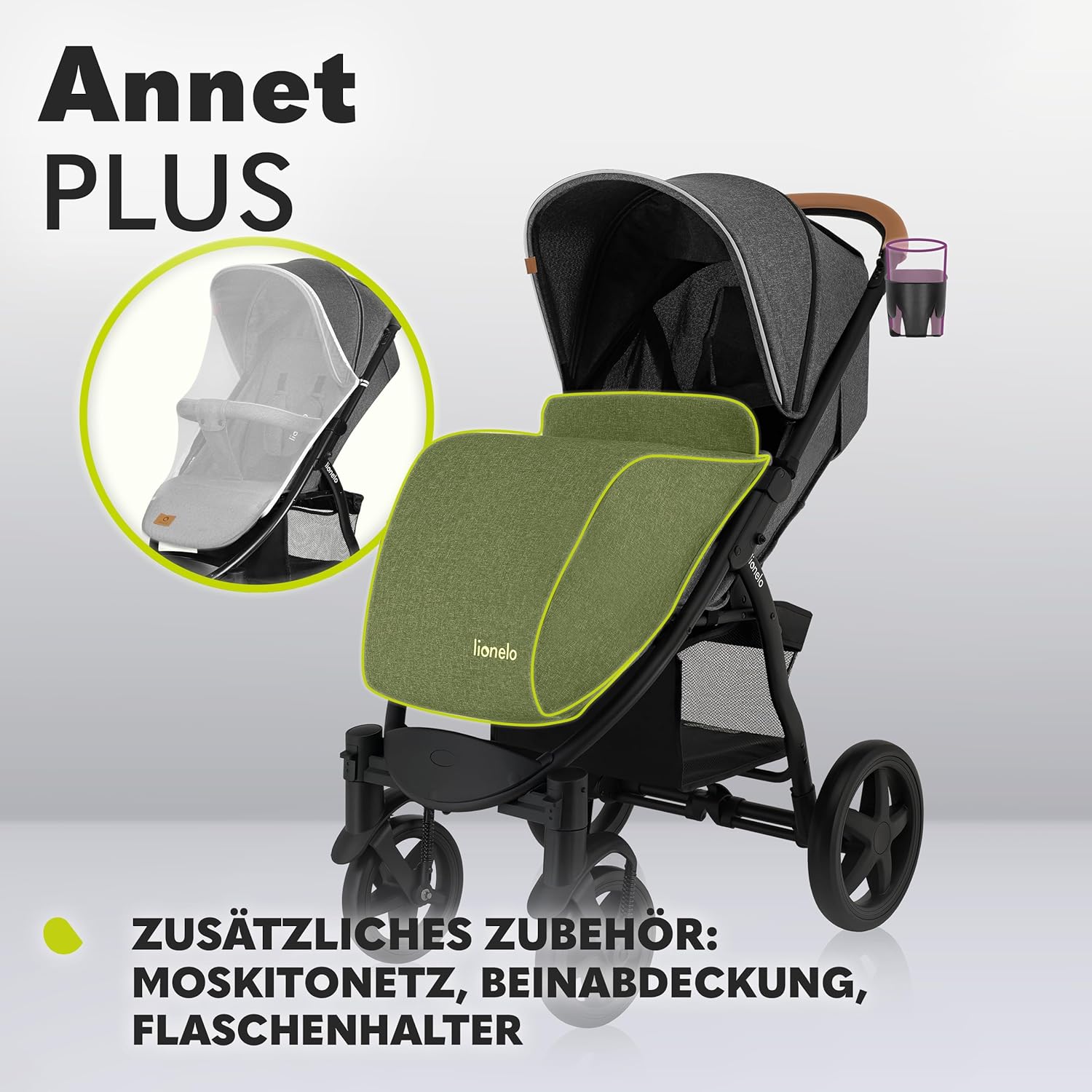 LIONELO Annet Plus Buggy bis 22 kg mit Liegefunktion, Kinderwagen klein zusammenklappbar mit Zubehör, Eva-Schaum-Räder, Moskitonetz, Fußdecke Getränkehalter, Korb